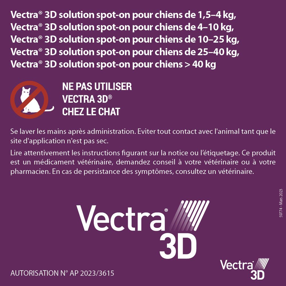 Dos de la boîte Vectra® 3D. Mode d'emploi. Ne pas utiliser chez les chats. Médicament vétérinaire.