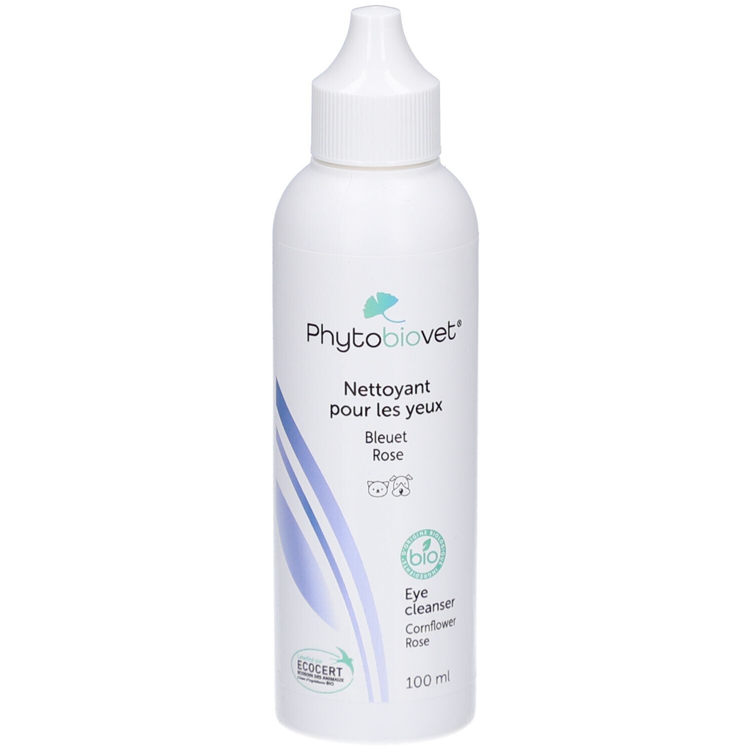 Flacon blanc avec bouchon verseur. Inscription: PhytoBiovet, Nettoyant pour les yeux, Eye cleanser. Certification Bio.