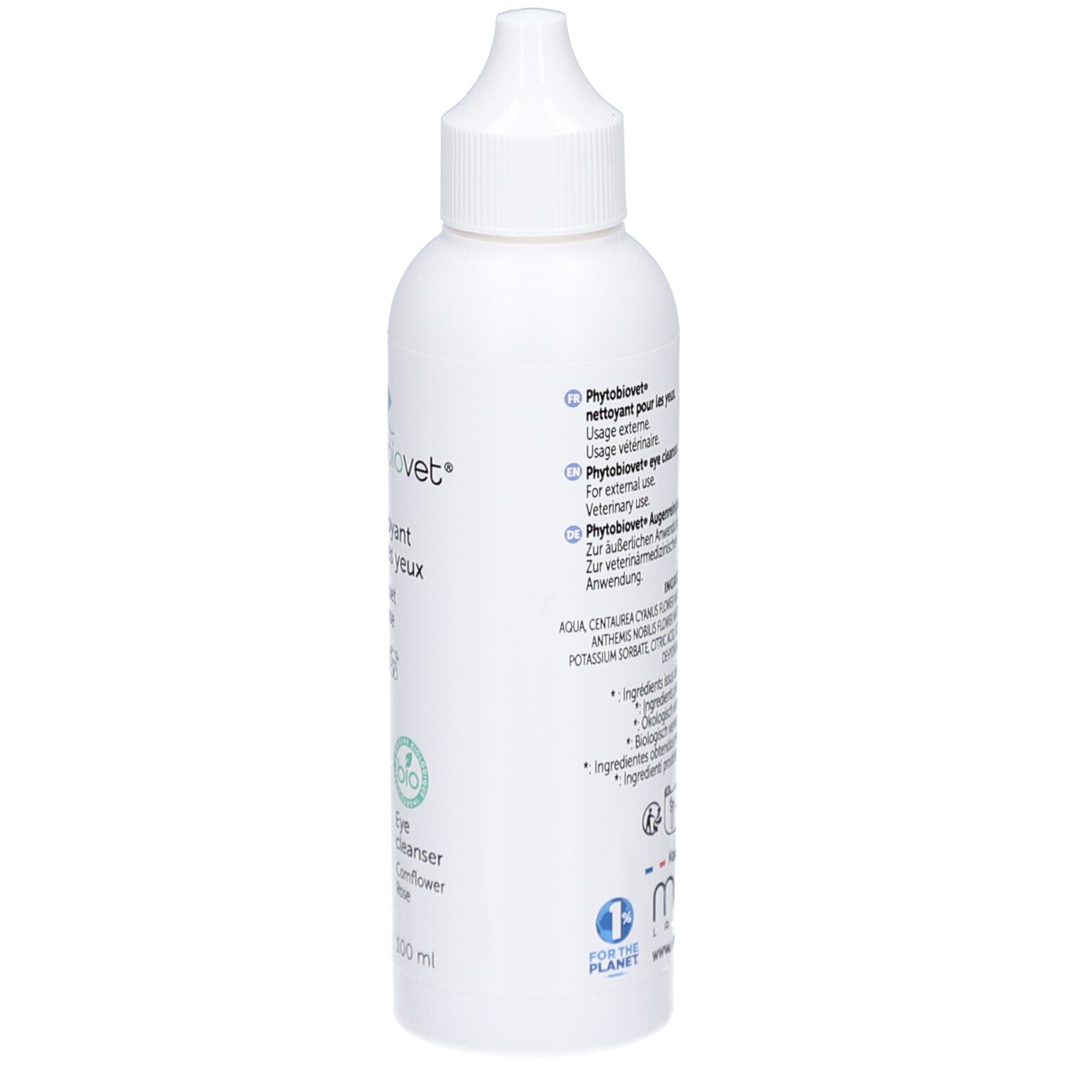 Flacon blanc avec bouchon verseur. Inscription: PhytoBiovet, Eye cleanser. Certification Bio. Logo: For the planet.