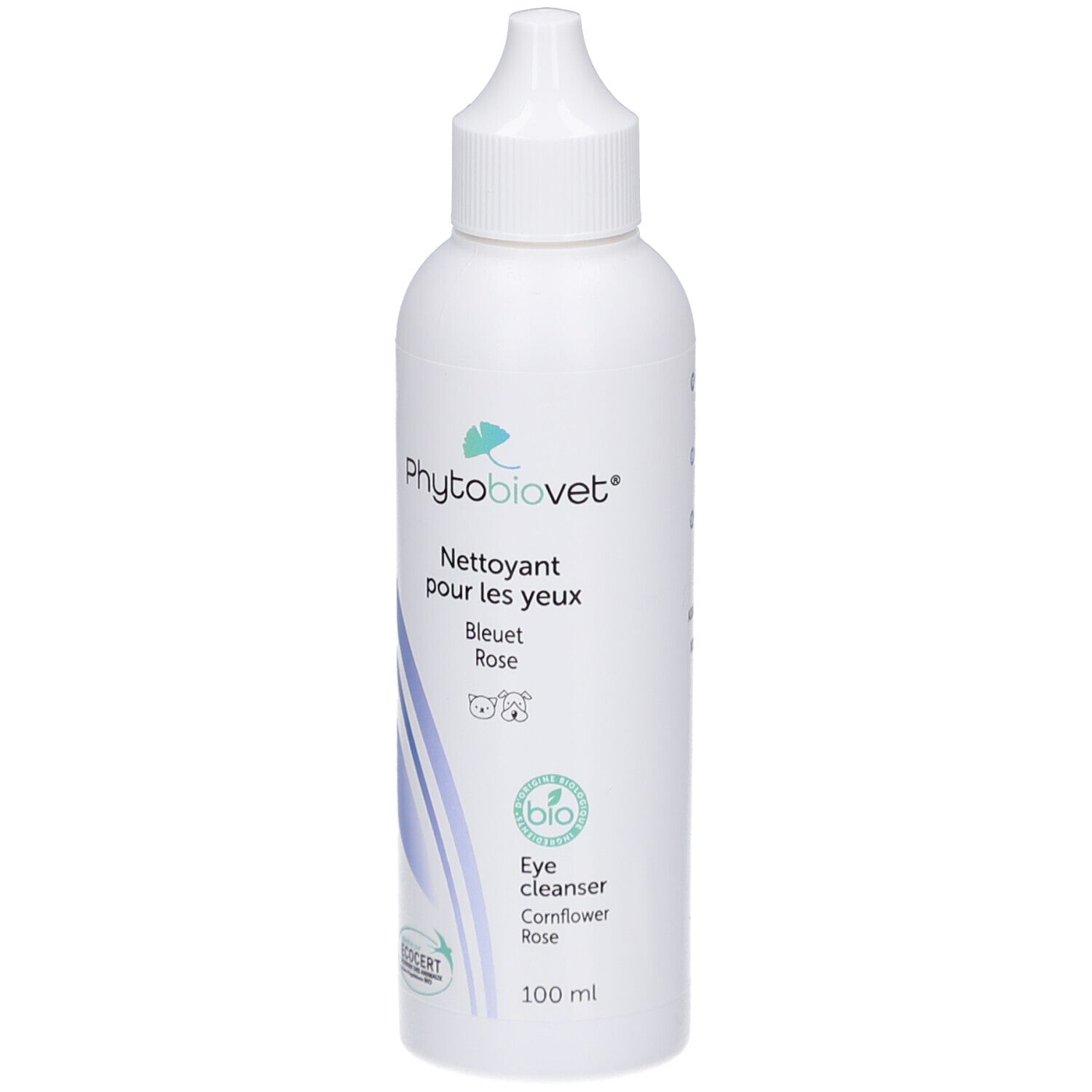 Flacon blanc avec bouchon verseur. Inscription: PhytoBiovet, Nettoyant pour les yeux, Eye cleanser. Certification Bio.