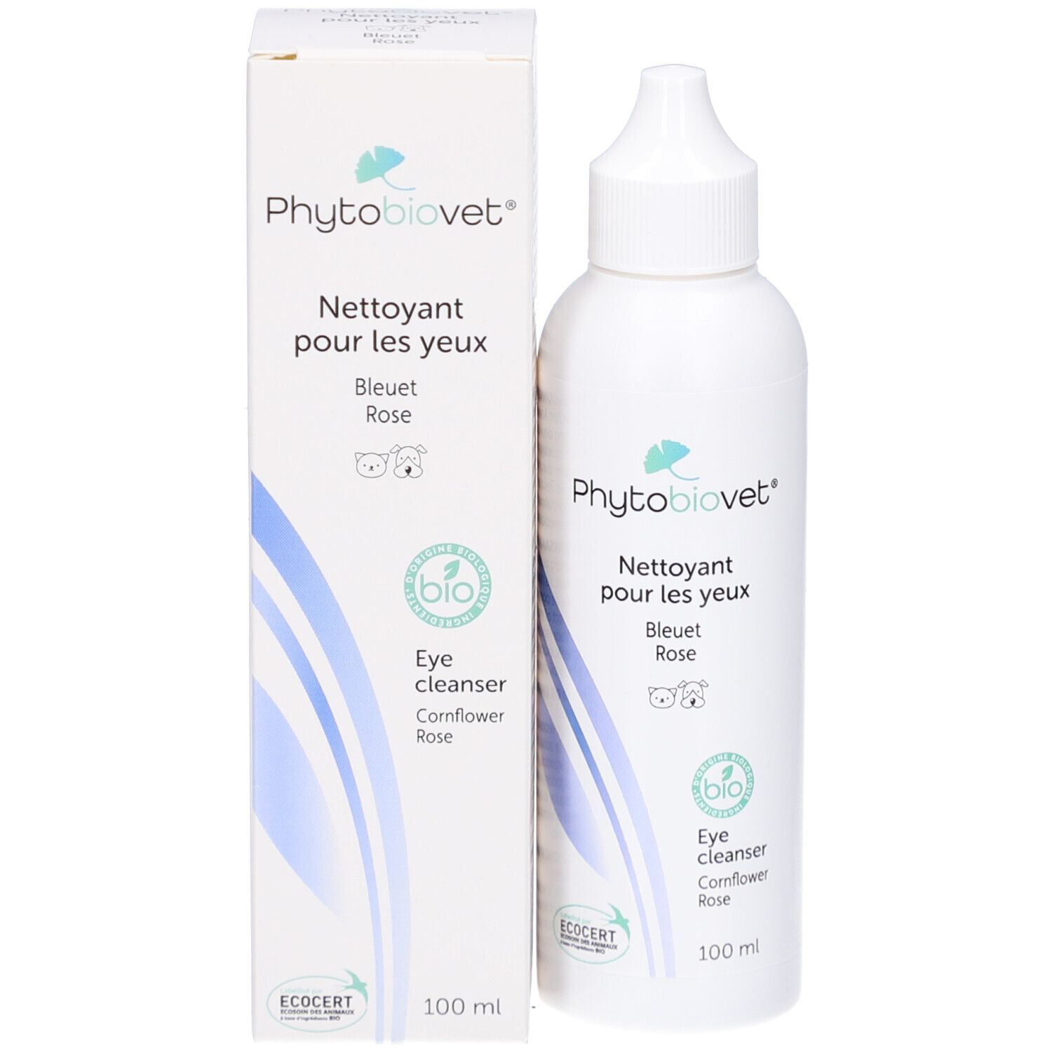 Emballage et flacon. Inscription: PhytoBiovet, Nettoyant pour les yeux, Eye cleanser. Certification Bio. 100 ml.
