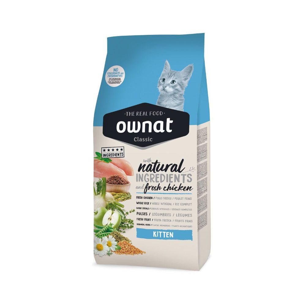 Sac de nourriture pour chat Ownat Classic Kitten. Ingrédients : poulet frais, légumes. Image d'un chat et logo de la marque.