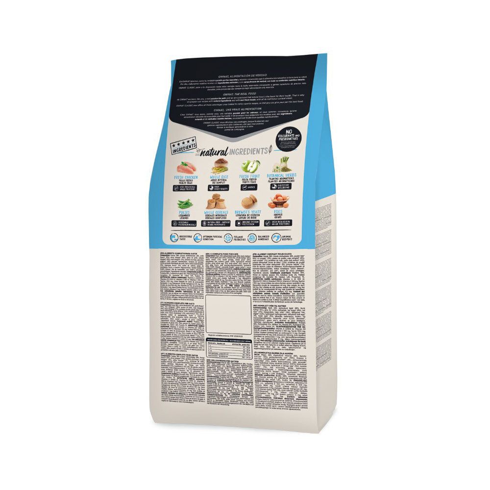 Dos du sac de nourriture pour chat. Informations sur les ingrédients, la valeur nutritionnelle et le fabricant. Logo Ownat.