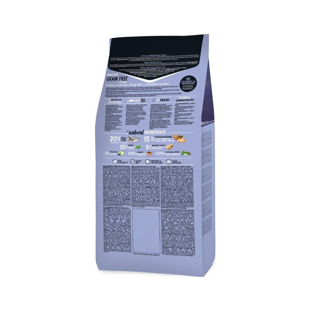 Dos de l'emballage Ownat Prime Grain Free Sterilized Fish pour chats. Contient des informations sur les ingrédients et la valeur nutritionnelle.