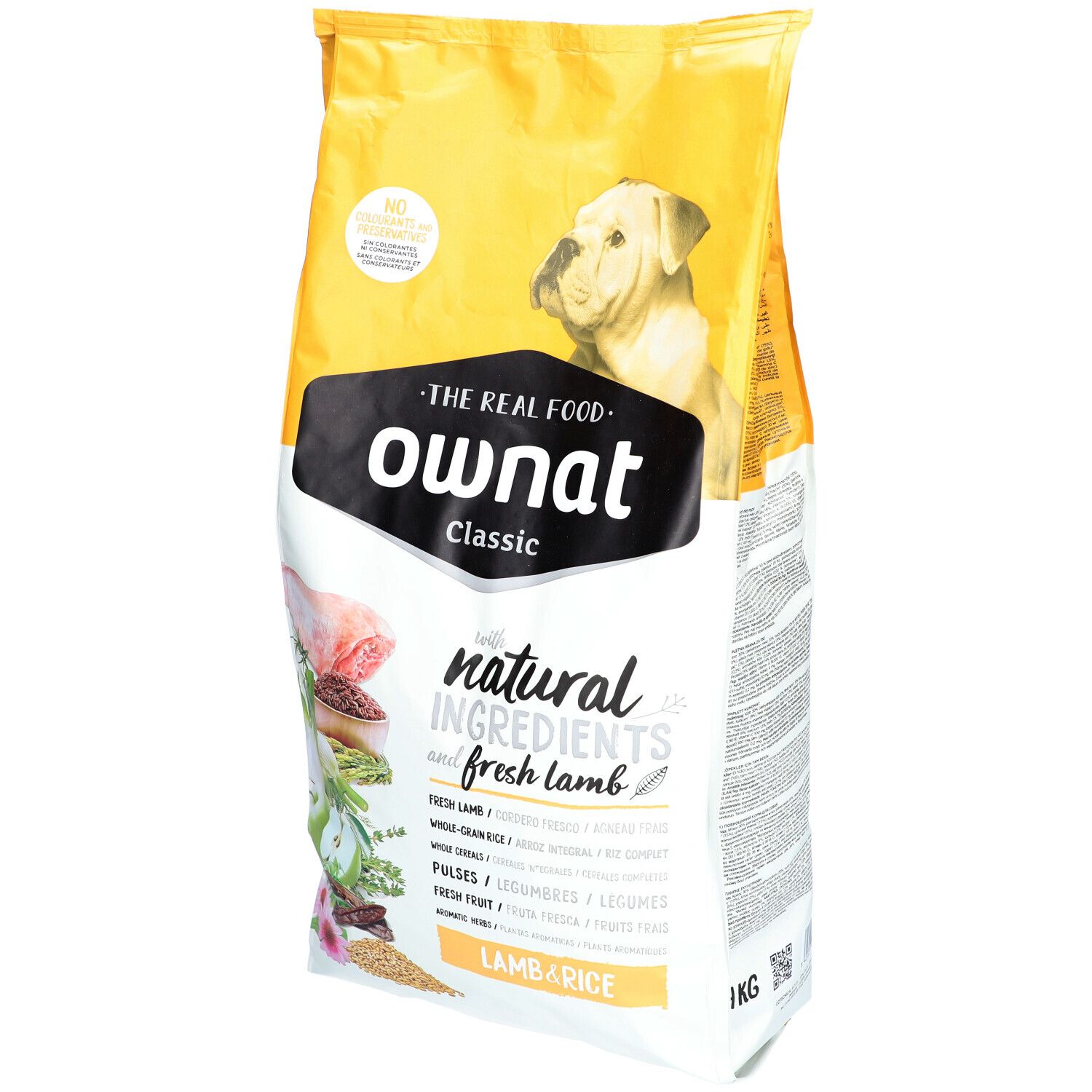 Sac de nourriture pour chiens avec logo et nom du produit. Contient de l'agneau et du riz. Emballage jaune et blanc avec image de chien.