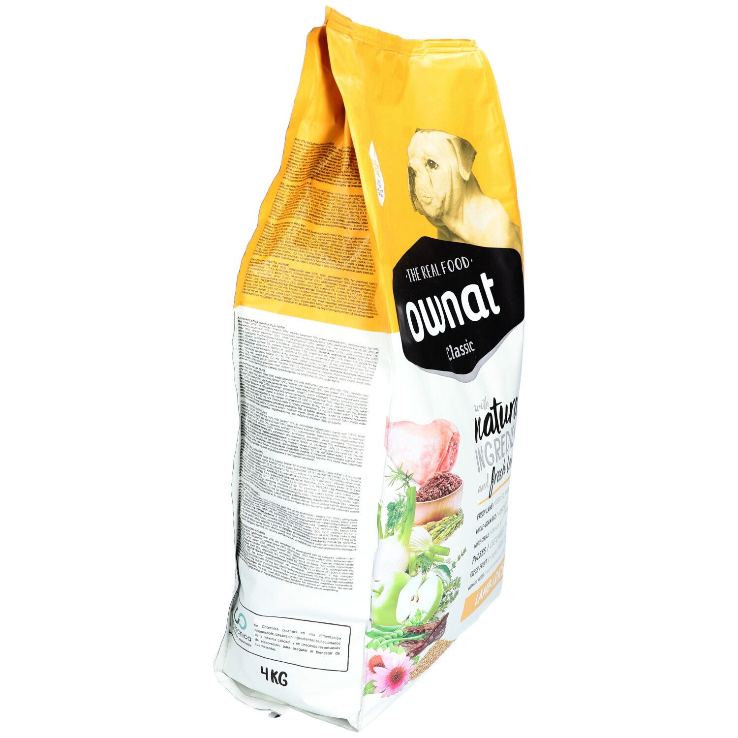 Sac de nourriture pour chiens, vue latérale. Emballage jaune et blanc avec logo et informations sur le produit. Contient de l'agneau et du riz.