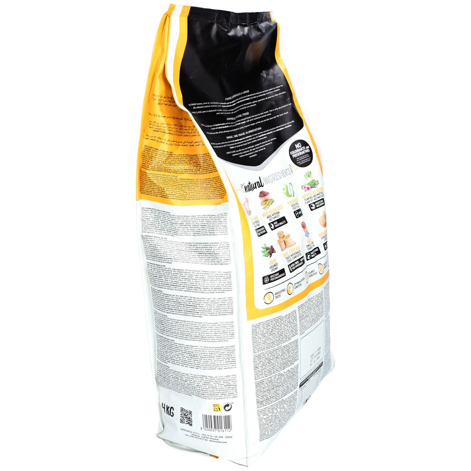 Sac de nourriture pour chiens, vue latérale. Emballage jaune et blanc avec informations sur le produit. Contient de l'agneau et du riz. 4 kg.