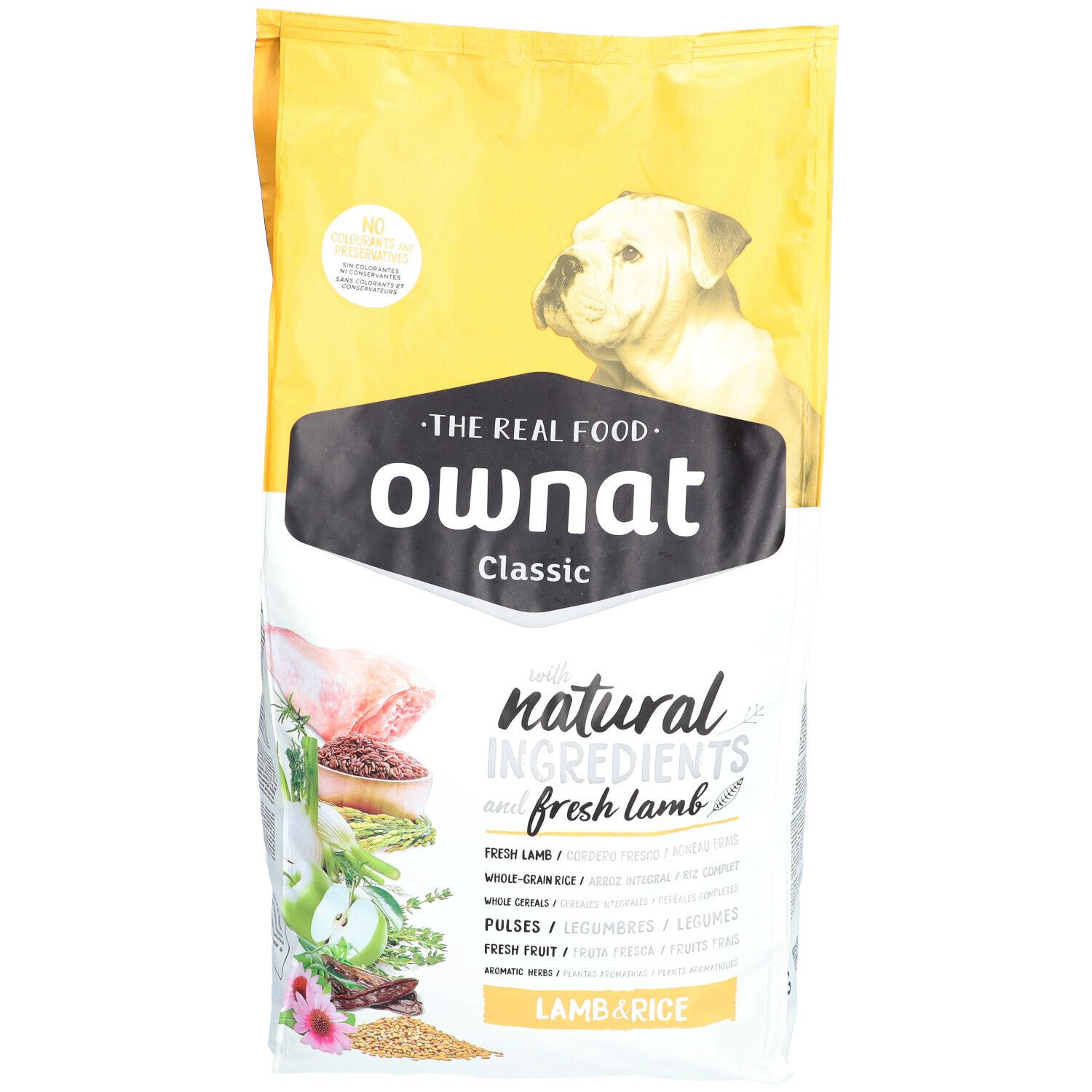 Sac de nourriture pour chiens avec logo et nom du produit. Contient de l'agneau et du riz. Emballage jaune et blanc avec image de chien.