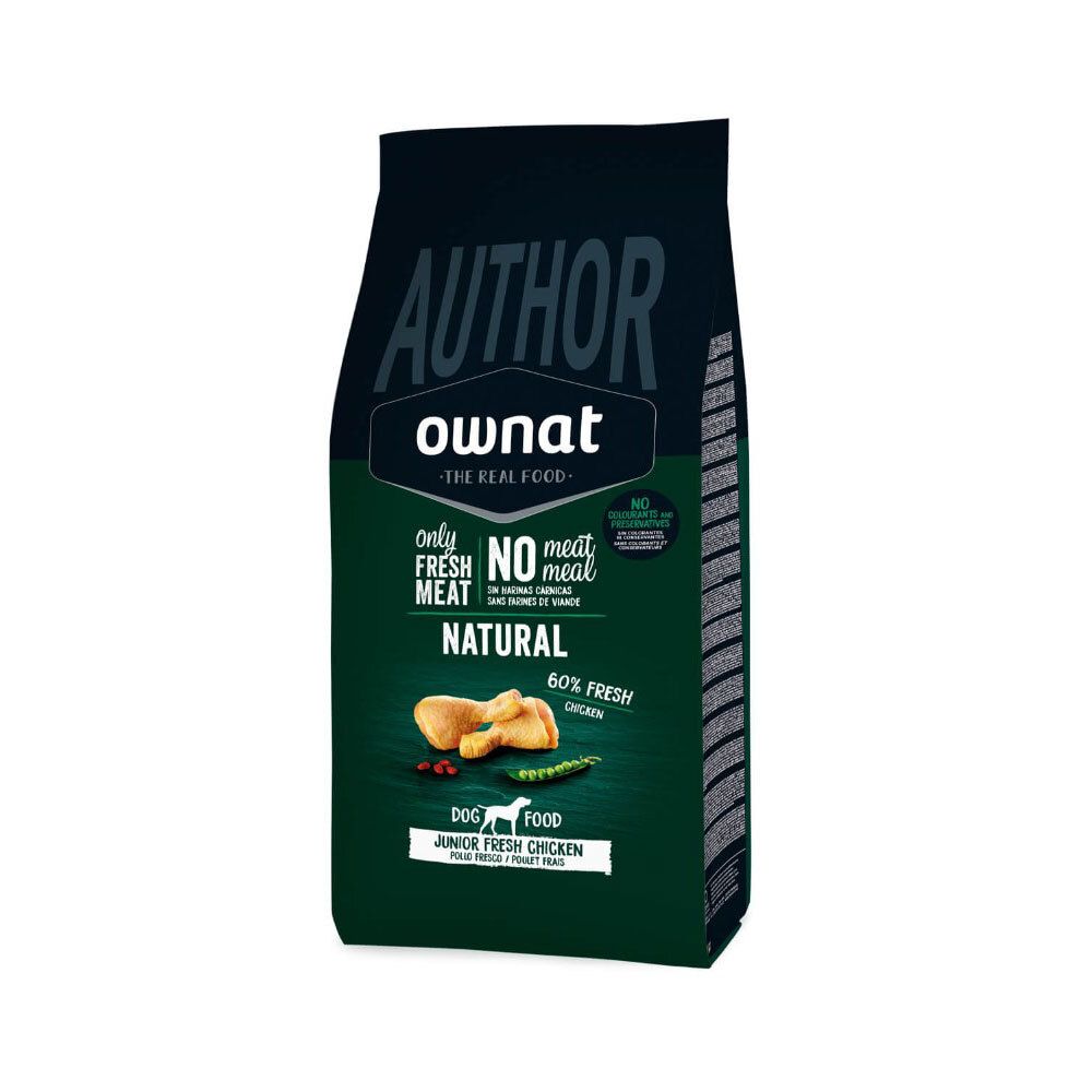 Sac de nourriture pour chiens OWNAT DOG FRESH JUNIOR POULET. Contient 60% de poulet frais. Emballage vert et noir.