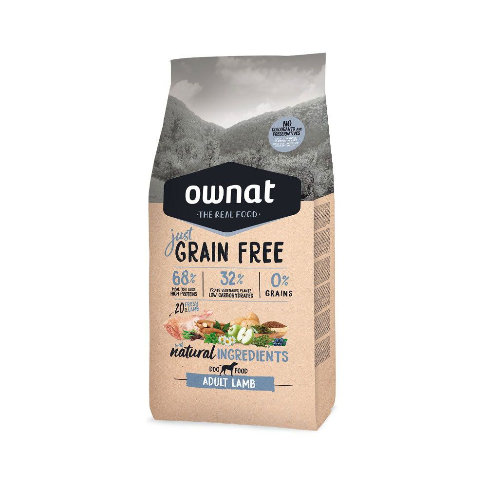 Sac de nourriture pour chiens Ownat, 'just Grain Free', Agneau adulte. Contient 68% de viande, 32% de légumes, 0% de céréales. Ingrédients naturels.