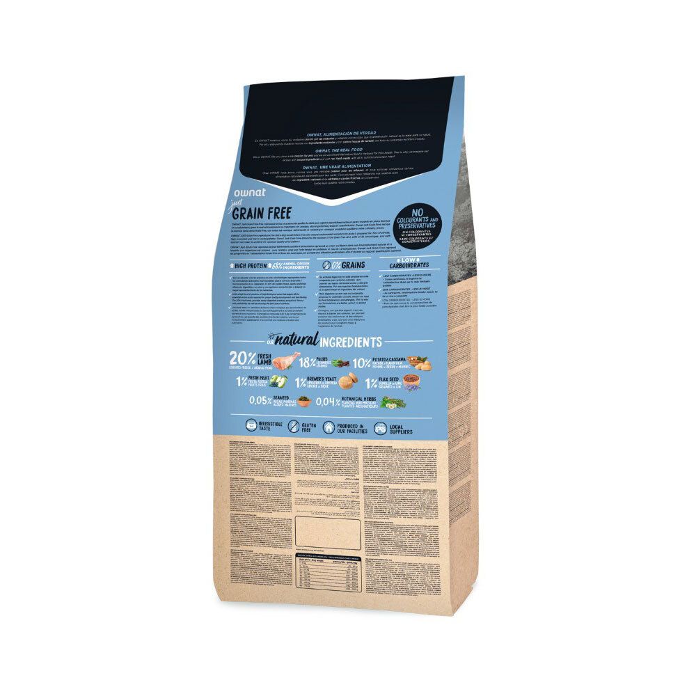 Dos du sac de nourriture pour chiens Ownat. Contient des informations sur les protéines, les céréales, les glucides et les ingrédients naturels. Sans gluten.