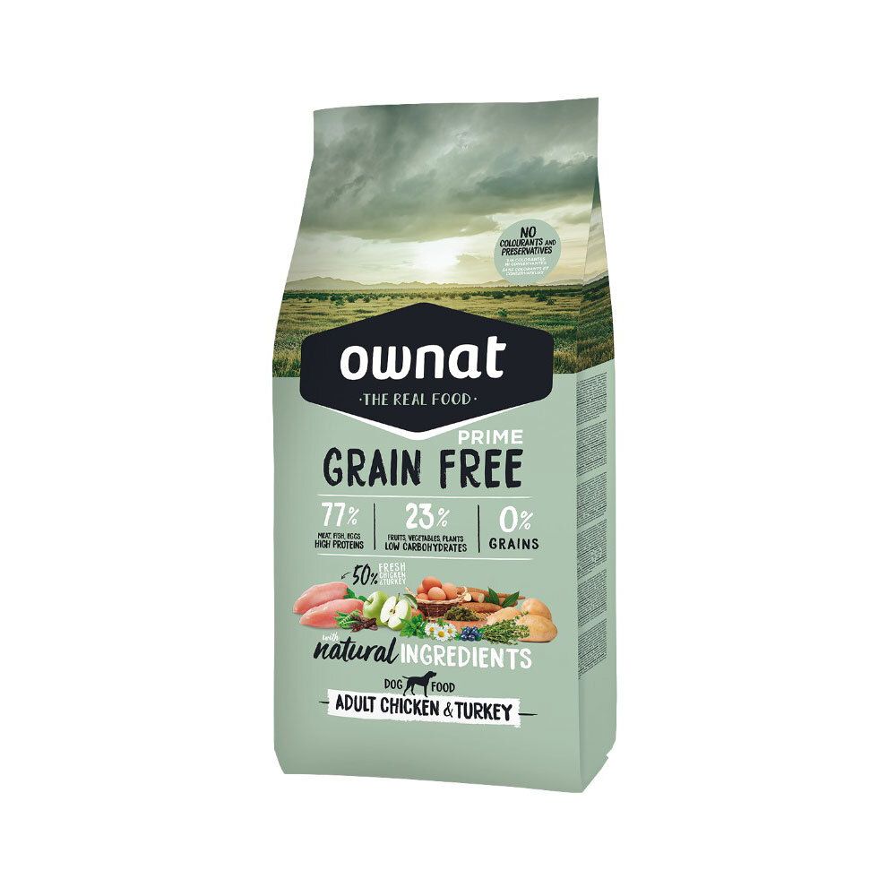 Sac de nourriture pour chiens. Inscription : Ownat, Grain Free, Adult Chicken & Turkey. Contient 77% de protéines, 23% de légumes, 0% de céréales.