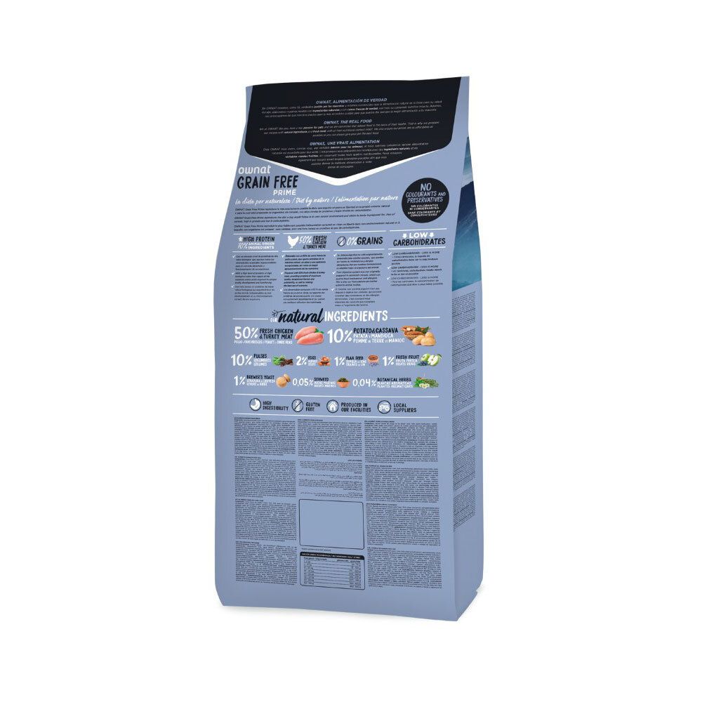 Dos du sac de nourriture pour chiens Ownat Prime Grain Free. Contient des informations sur les ingrédients et la valeur nutritionnelle. Sans colorants ni conservateurs.