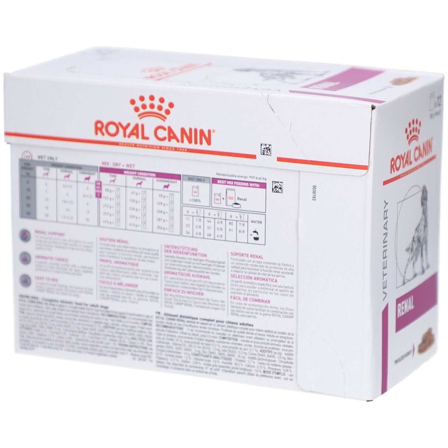 Dos de la boîte ROYAL CANIN avec texte et tableaux. Contient des informations sur l'alimentation.