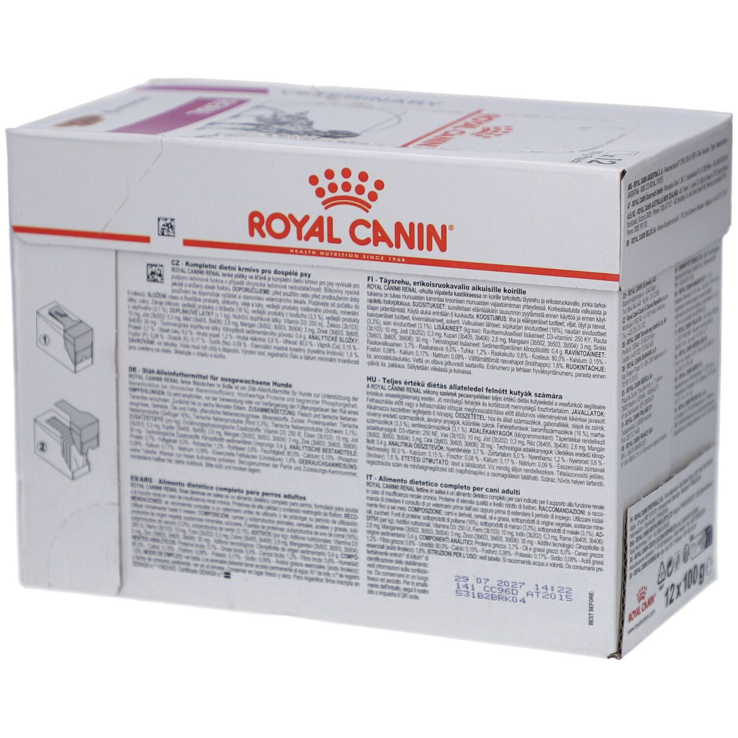 Dos de la boîte ROYAL CANIN avec texte. Contient des informations sur l'alimentation et la durabilité.
