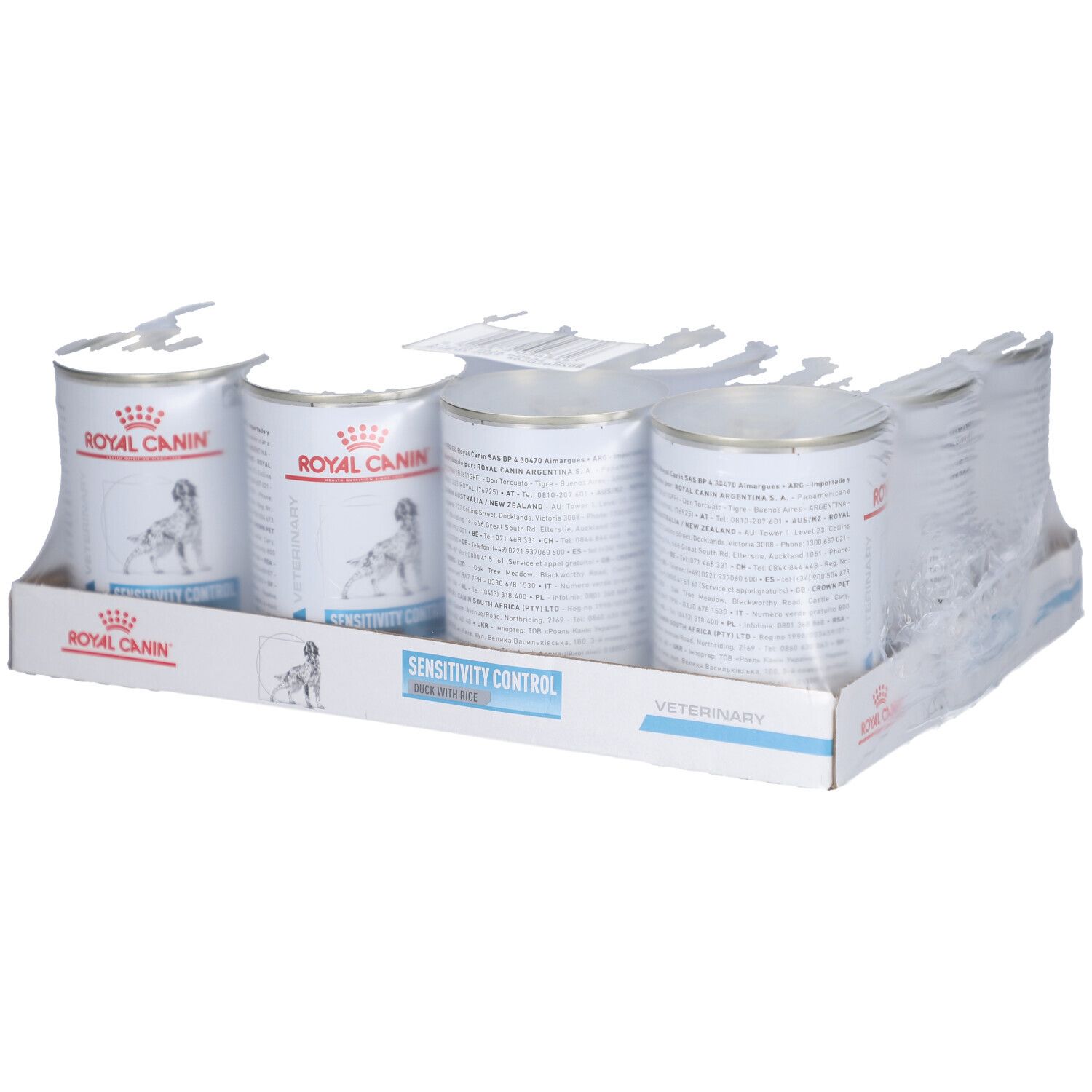Paquet de quatre boîtes de nourriture pour chiens. Inscription: ROYAL CANIN, SENSITIVITY CONTROL. Produit vétérinaire.