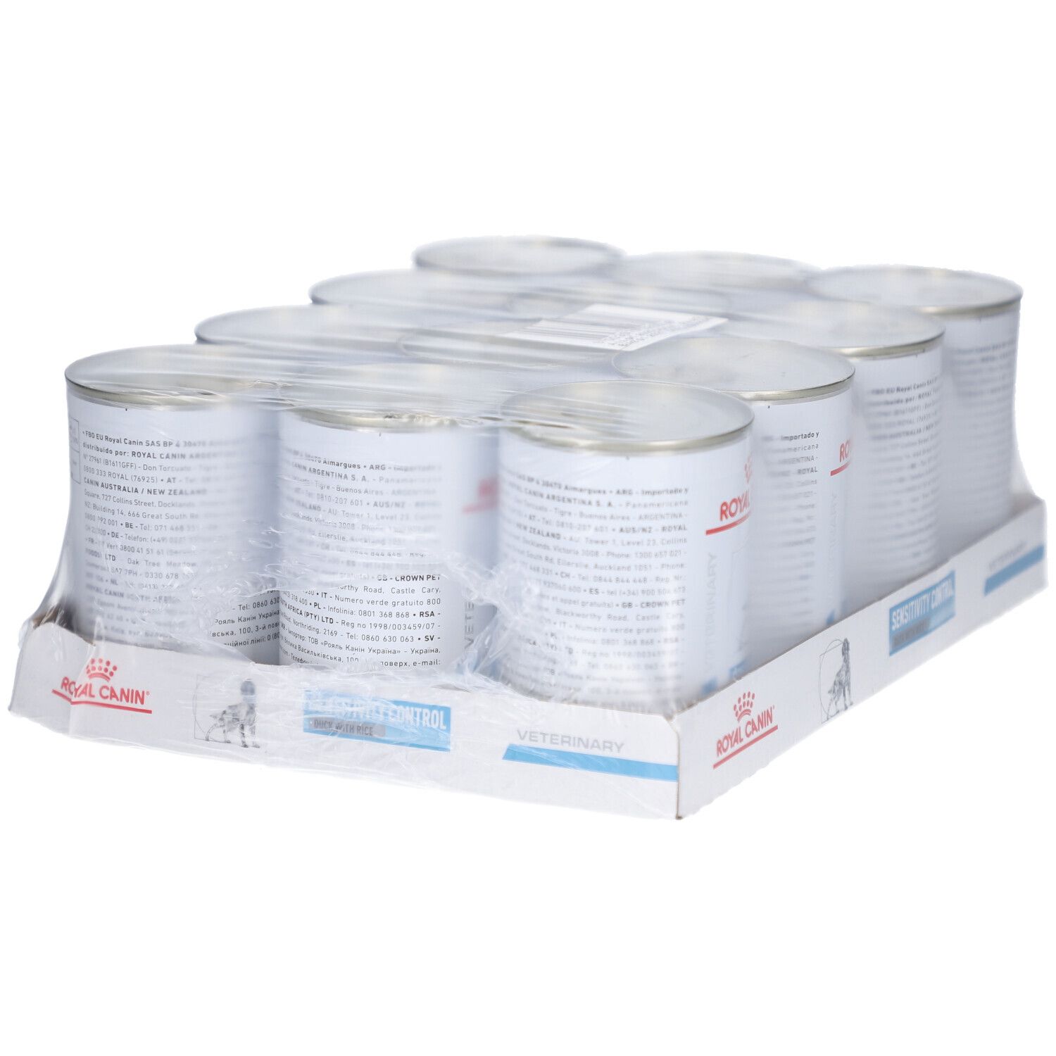 Paquet de huit boîtes de nourriture pour chiens. Inscription: ROYAL CANIN, SENSITIVITY CONTROL. Produit vétérinaire.