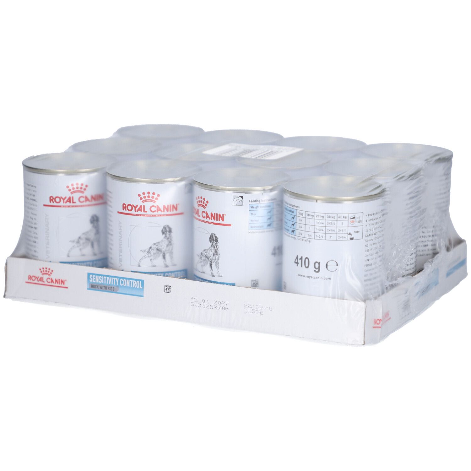 Paquet de douze boîtes de nourriture pour chiens. Inscription: ROYAL CANIN, SENSITIVITY CONTROL. Produit vétérinaire. 410g.