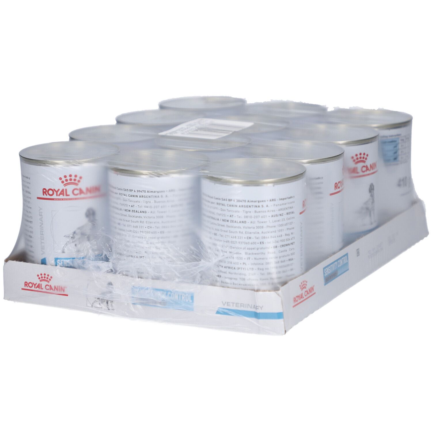 Paquet de douze boîtes de nourriture pour chiens. Inscription: ROYAL CANIN, SENSITIVITY CONTROL. Produit vétérinaire.