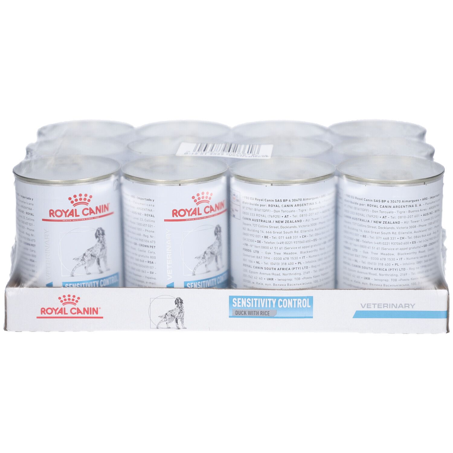Paquet de huit boîtes de nourriture pour chiens. Inscription: ROYAL CANIN, SENSITIVITY CONTROL. Produit vétérinaire.