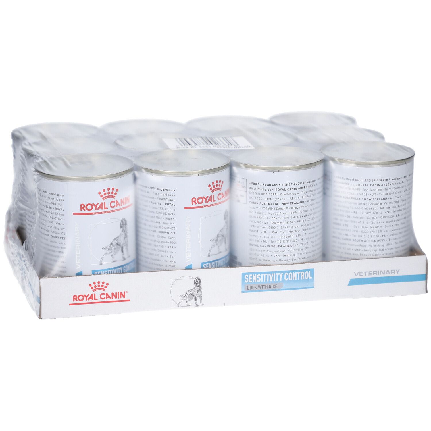 Paquet de huit boîtes de nourriture pour chiens. Inscription: ROYAL CANIN, SENSITIVITY CONTROL. Produit vétérinaire.