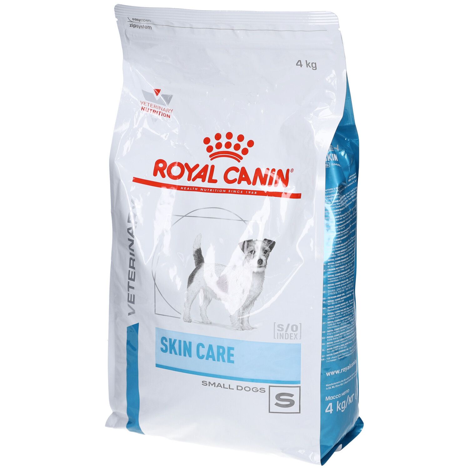 Sac blanc avec impression. Logo et texte ROYAL CANIN. Nom du produit SKIN CARE SMALL DOGS. Image d'un chien. 4 kg.