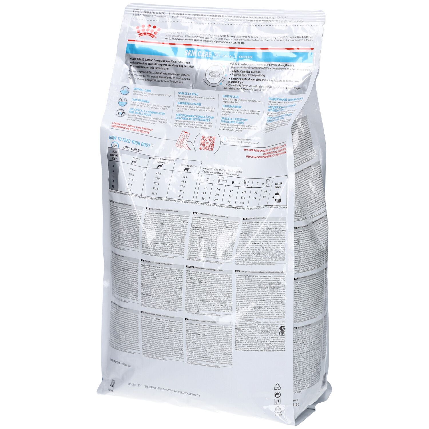 Dos d'un sac blanc. Texte et graphiques. Informations sur l'alimentation. Logo ROYAL CANIN. Nom du produit SKIN CARE.