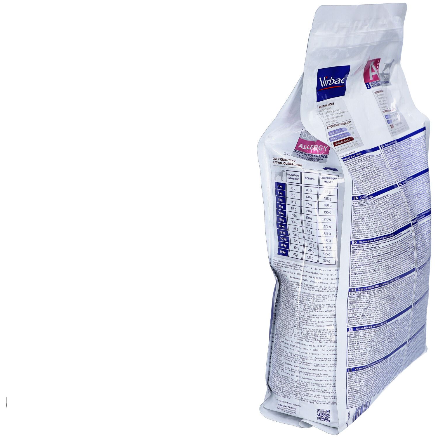 Sac de 3kg Virbac Veterinary HPM A2 Allergy. Inscriptions: A, Allergy, HPM, Veterinary, Food Intolerance.