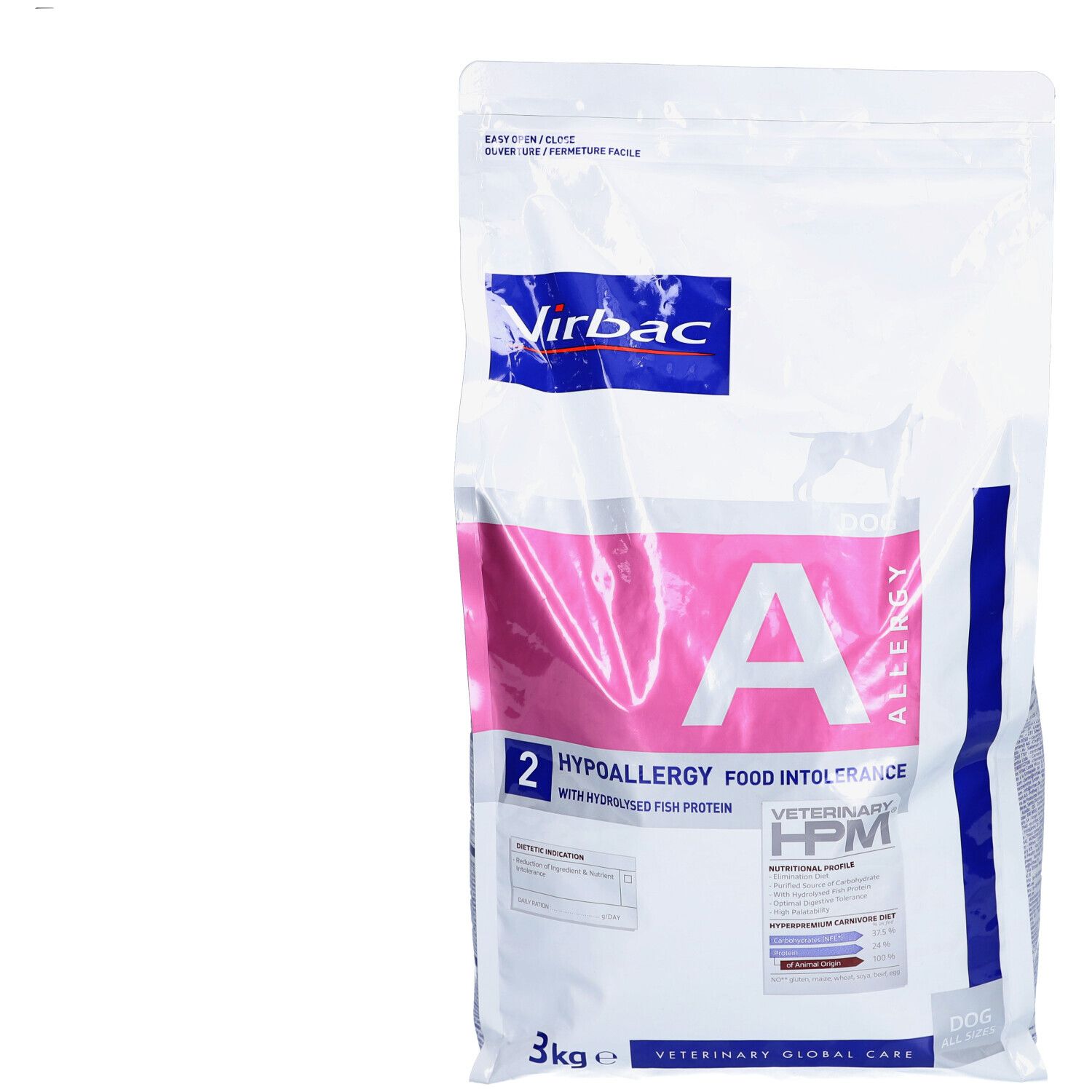 Sac de 3kg Virbac Veterinary HPM A2 Allergy. Inscriptions: A, Allergy, HPM, Veterinary, Food Intolerance.
