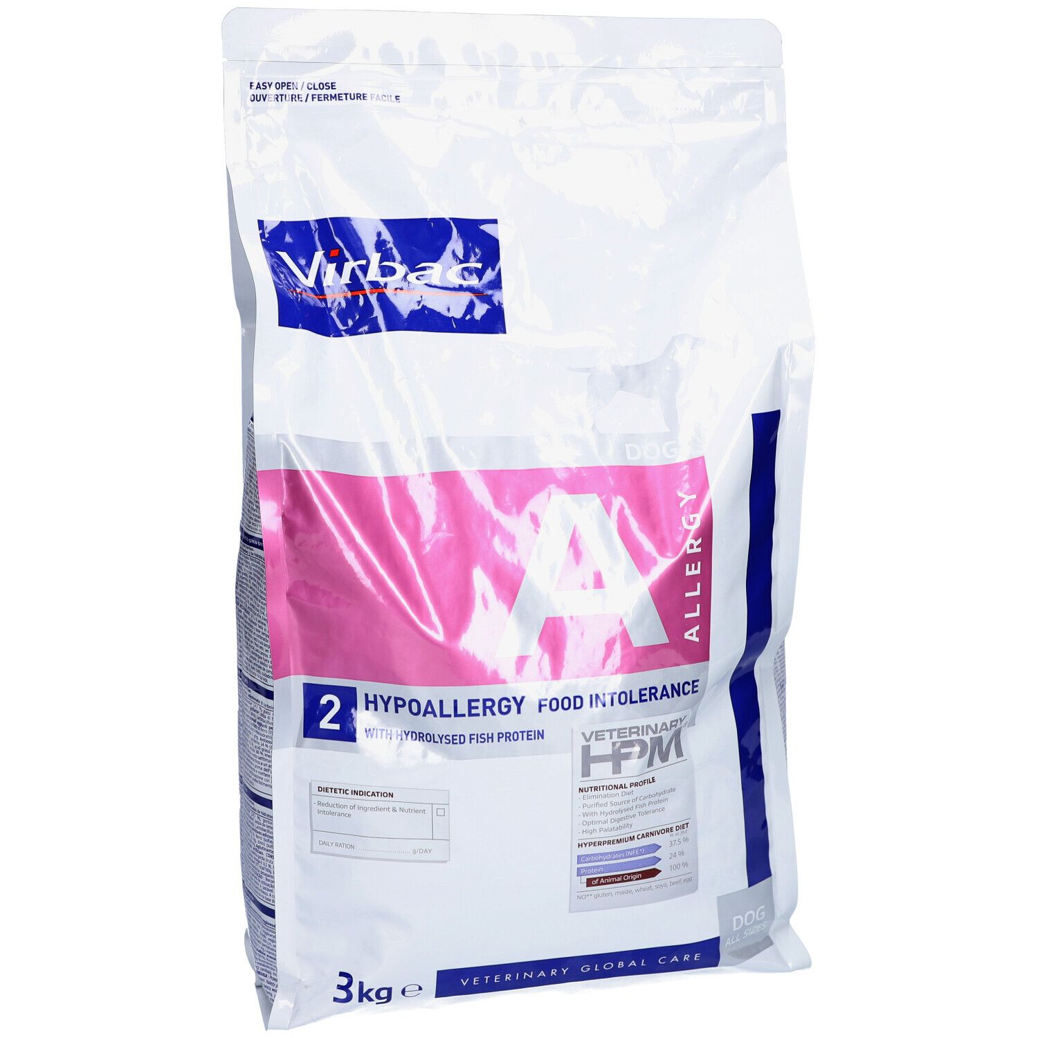 Sac de 3kg Virbac Veterinary HPM A2 Allergy. Inscriptions: A, Allergy, HPM, Veterinary, Food Intolerance.