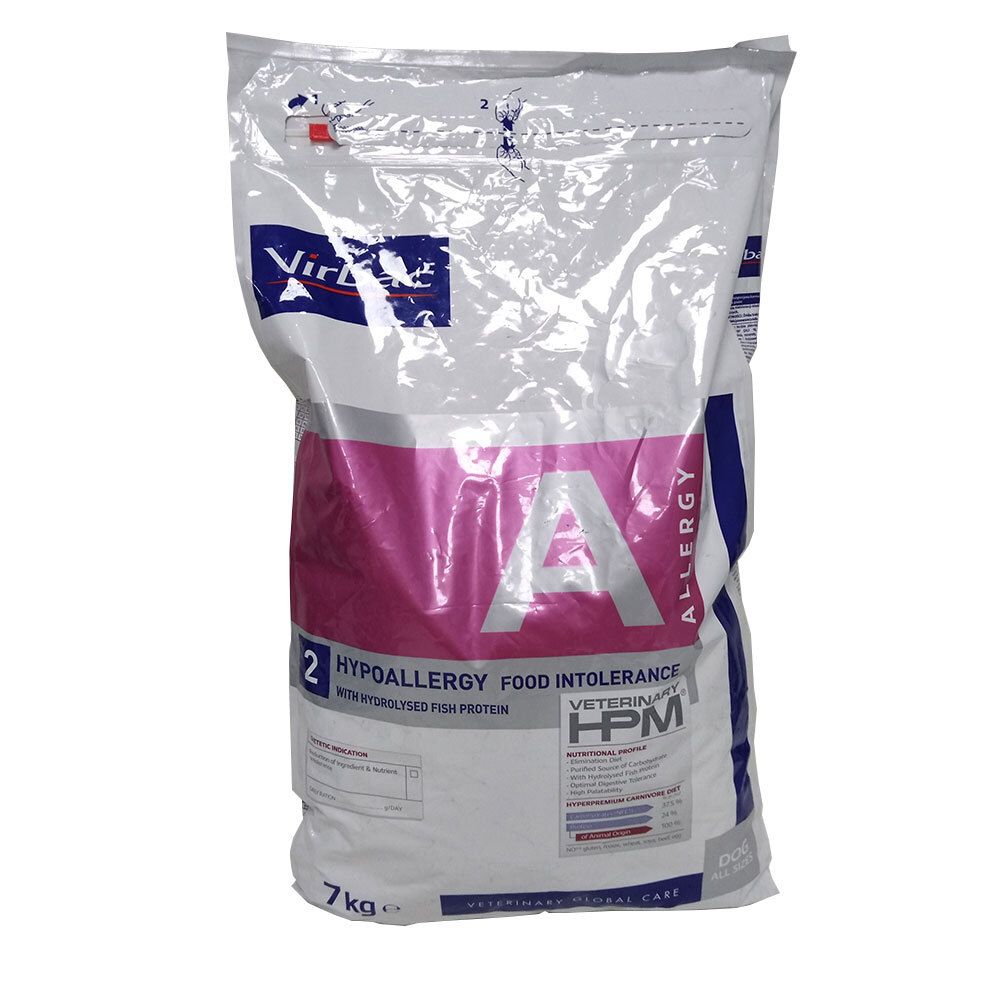 Sac HPM Veterinary Dietetic Dog Hypoallergy A2 Saumon, 7 kg. Texte "A" et "Hypoallergy" en rose. Avec protéines de poisson hydrolysées.