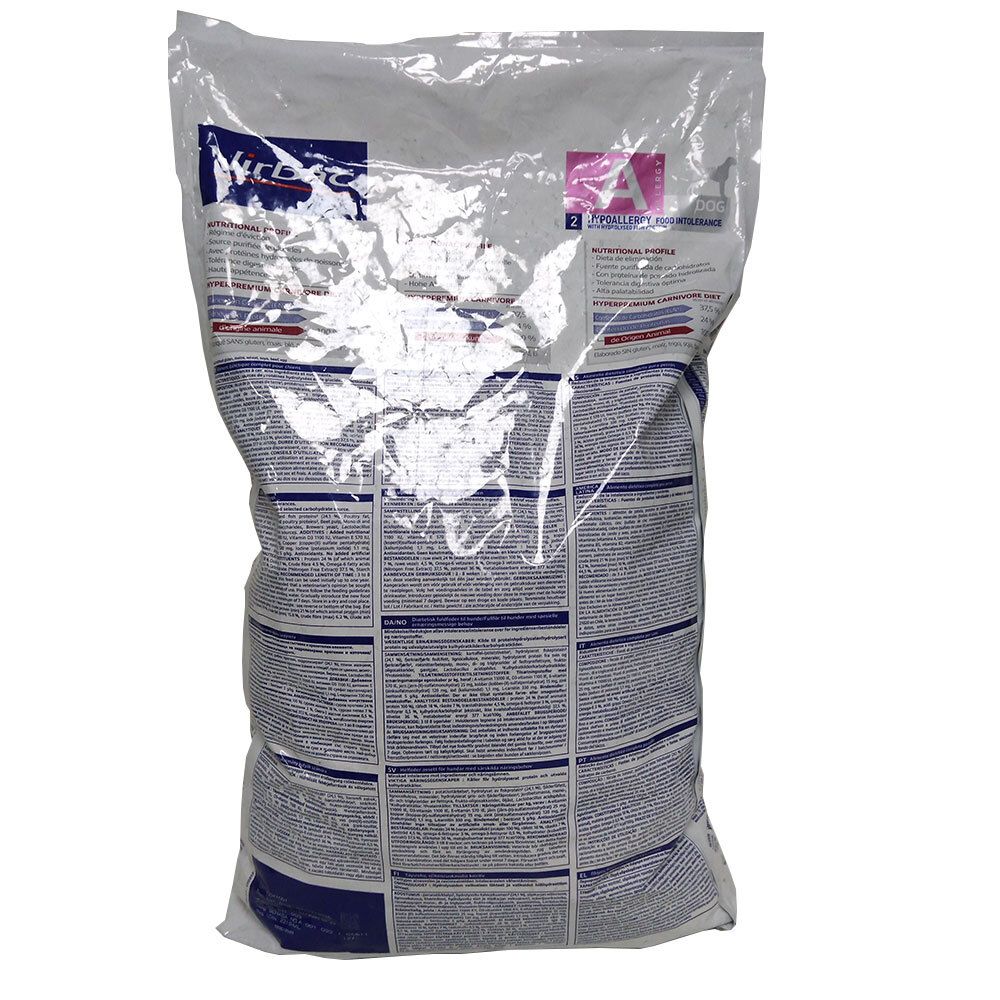 Dos du sac HPM Veterinary Dietetic Dog Hypoallergy A2 Saumon. Sections de texte multilingues. Détails des ingrédients et informations.