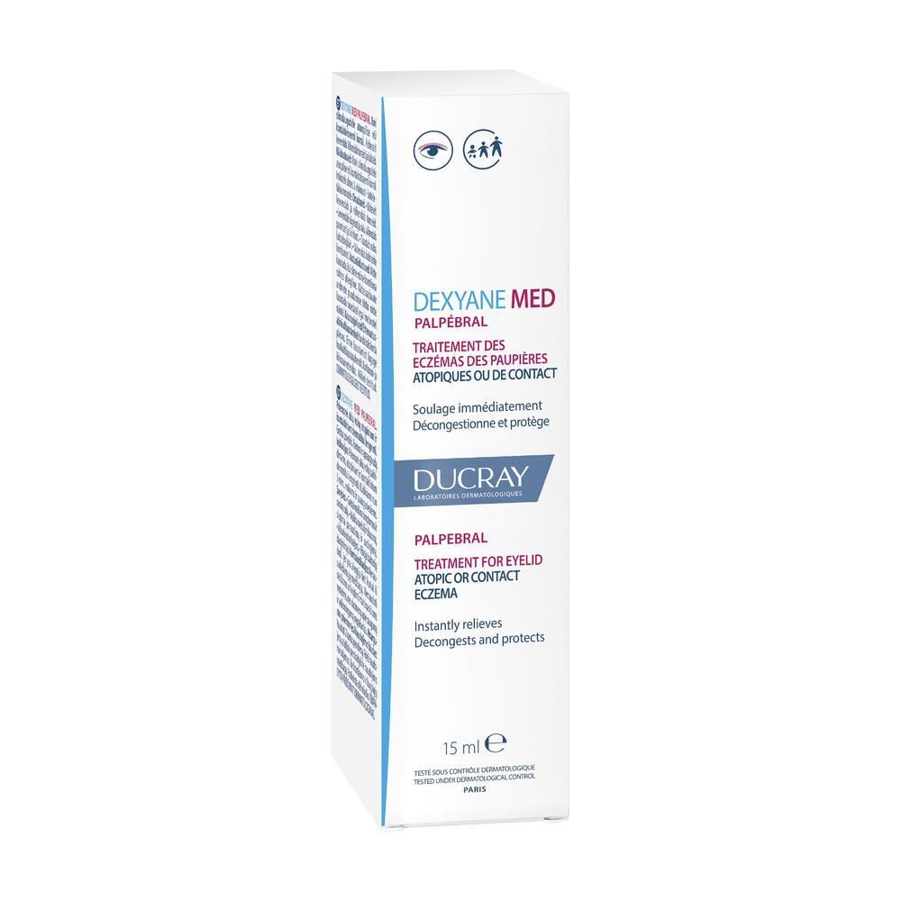 Emballage en carton. DUCRAY Dexyane Med Palpébral. Traitement des eczémas des paupières. 15 ml. Soulagement immédiat.