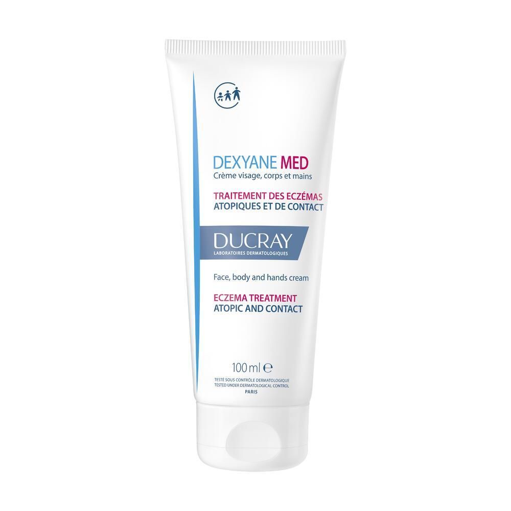Tube blanc avec texte bleu. DEXYANE MED, crème visage, corps et mains. Traitement des eczémas atopiques et de contact.