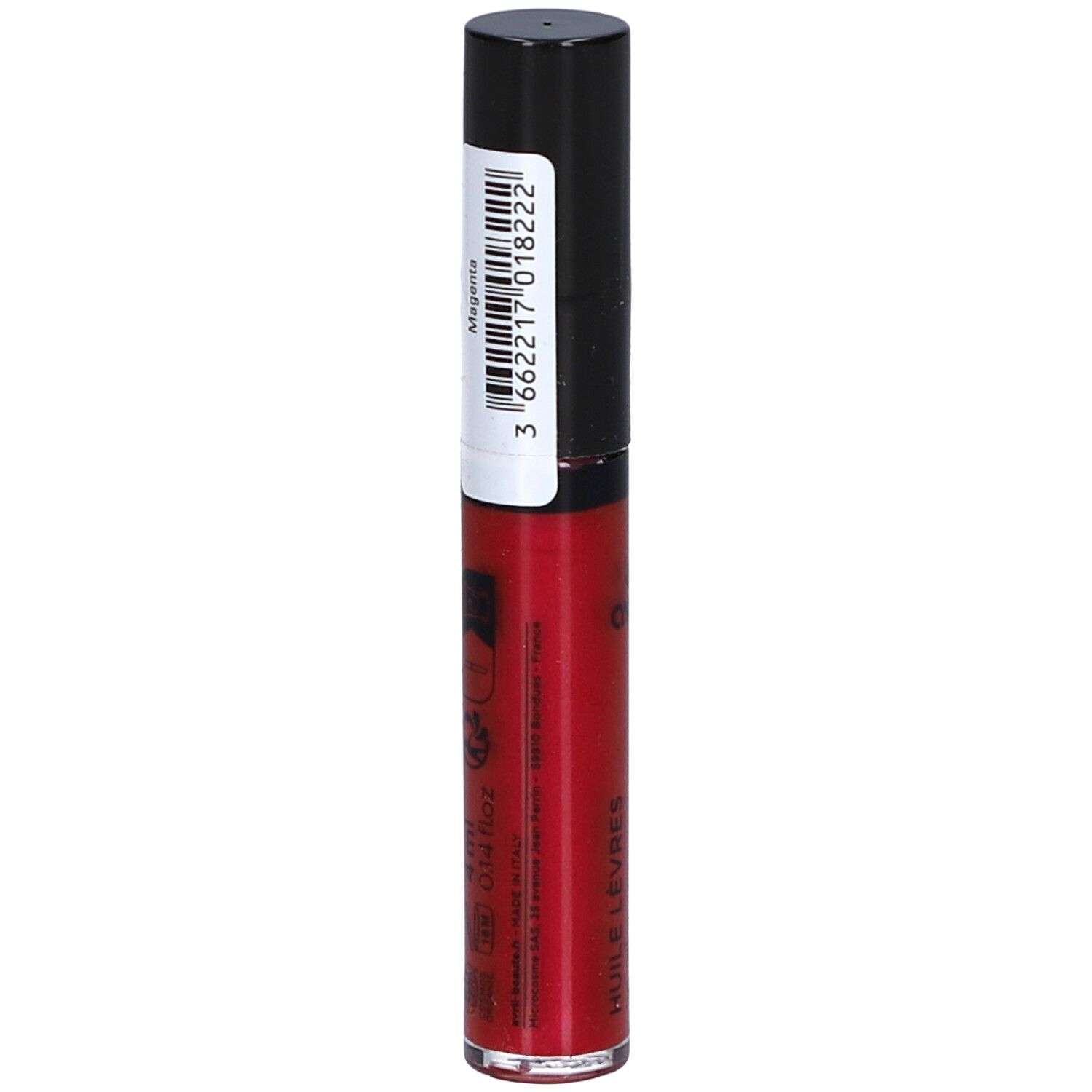 Huile à lèvres rouge dans un tube transparent avec bouchon noir. Étiquette avec code-barres et informations produit. Inscription "Magenta".