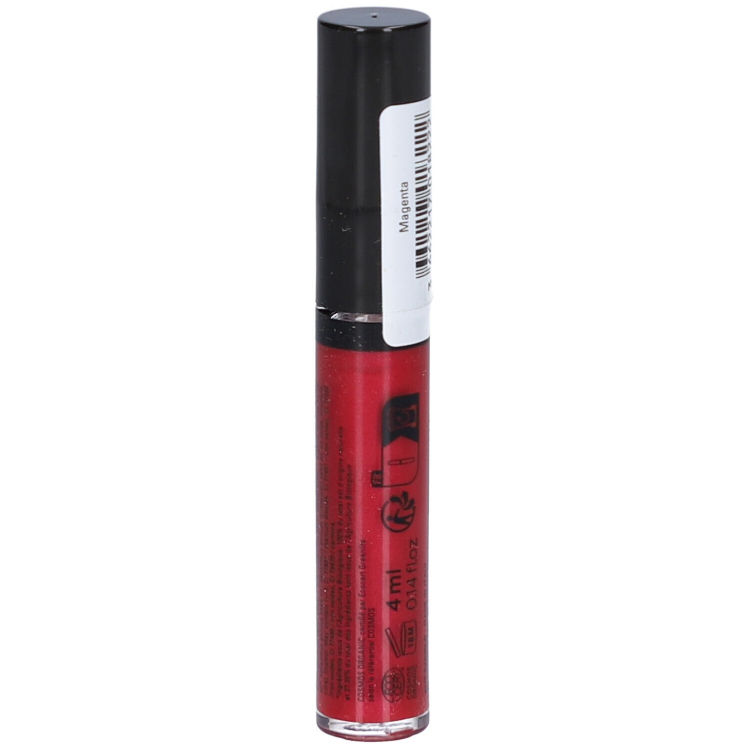 Huile à lèvres rouge dans un tube transparent avec bouchon noir. Étiquette avec informations produit, dont la taille 4 ml.