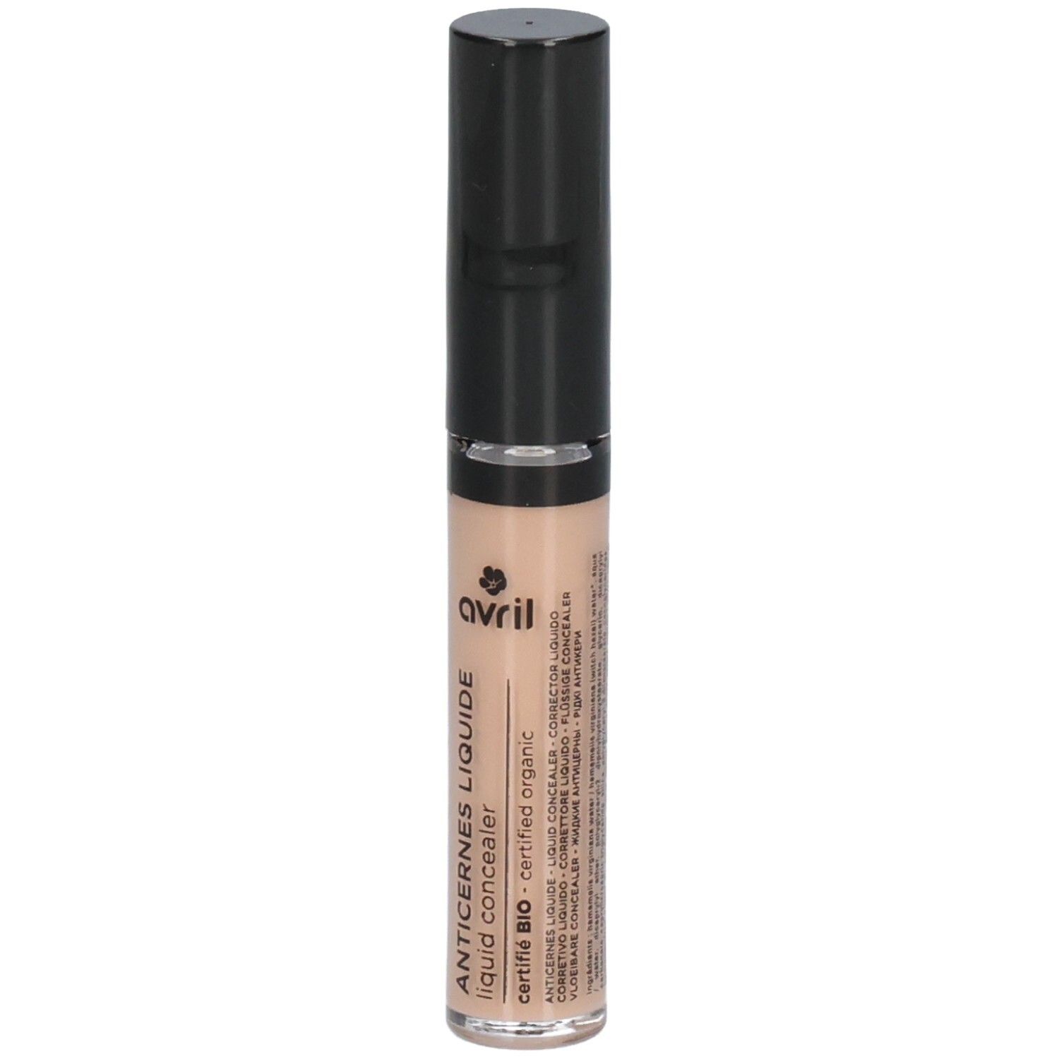Correcteur liquide Avril en flacon allongé avec bouchon noir. Inscription: Anti-Cernes Liquide. Certifié bio.