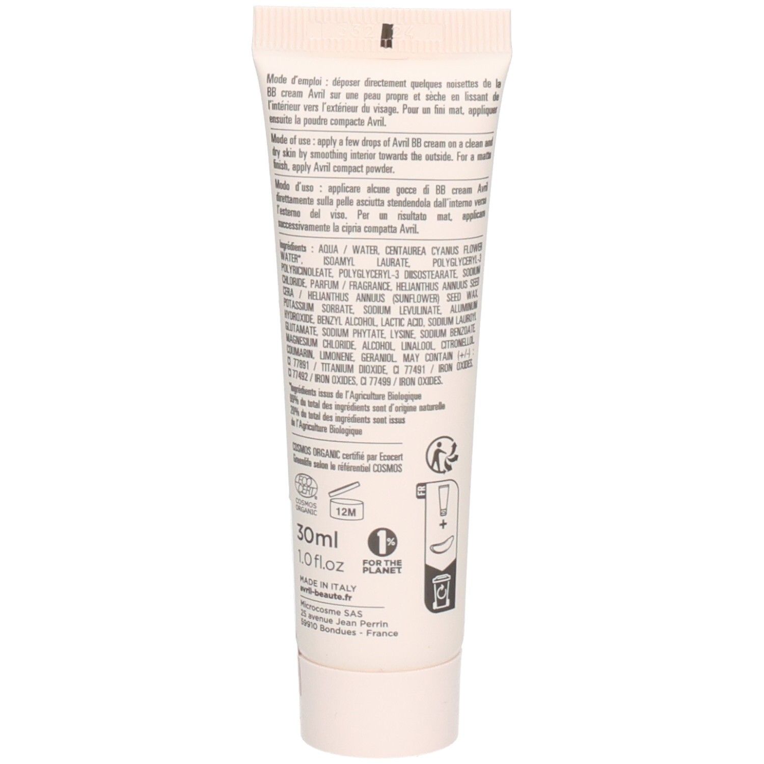Dos du tube. Texte : ingrédients, instructions d'utilisation, 30ml, "12M", "FOR THE PLANET", certification bio.
