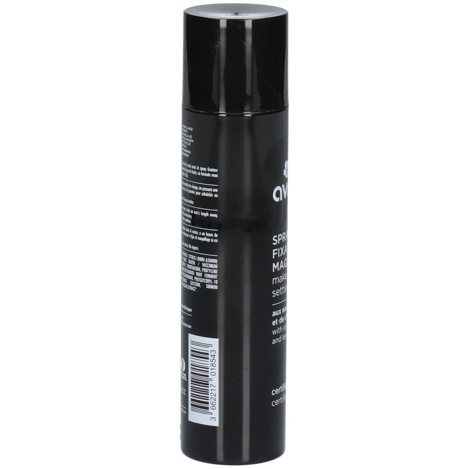 Arrière d'un flacon spray noir Avril. Spray fixateur de maquillage. Liste des ingrédients et code-barres.