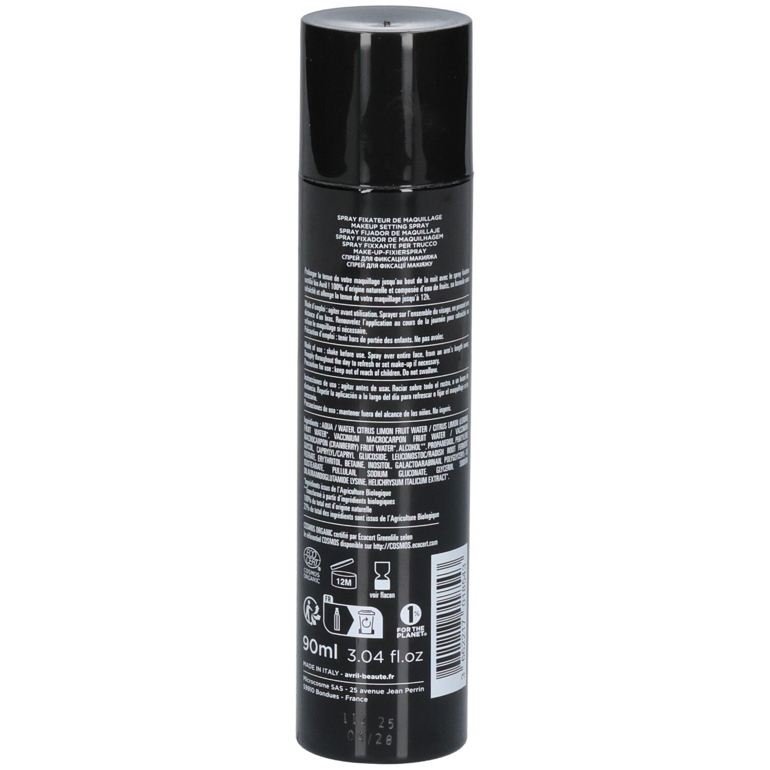 Flacon spray noir Avril. Spray fixateur de maquillage. Indique 90ml, pays de fabrication et label bio.
