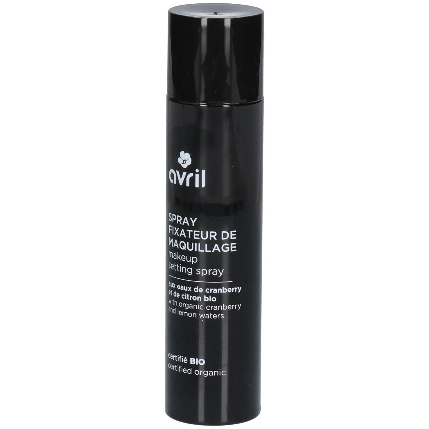 Flacon spray noir avec logo Avril. Spray fixateur de maquillage aux eaux de cranberry et de citron bio.