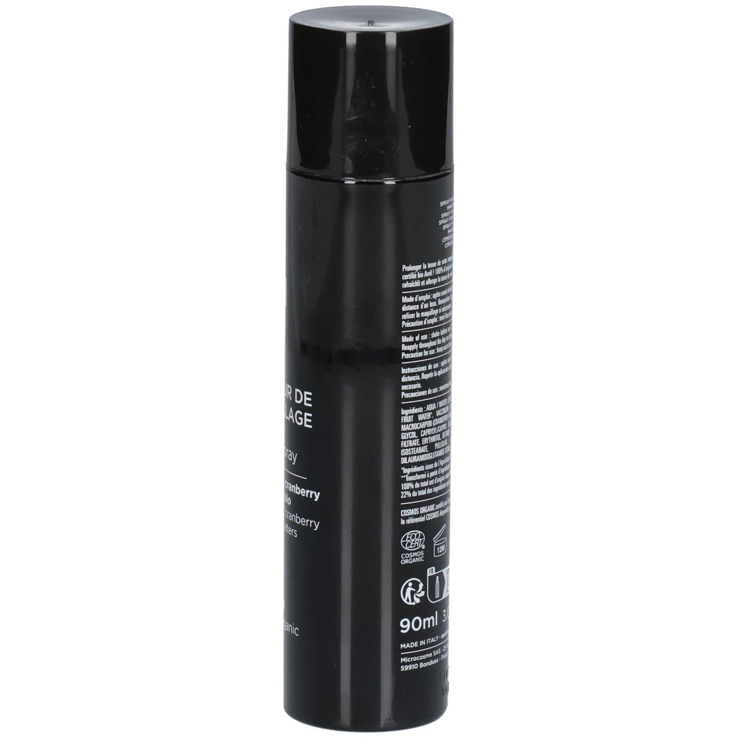 Vue latérale d'un flacon spray noir Avril. Spray fixateur de maquillage. Comprend label bio et 90ml.