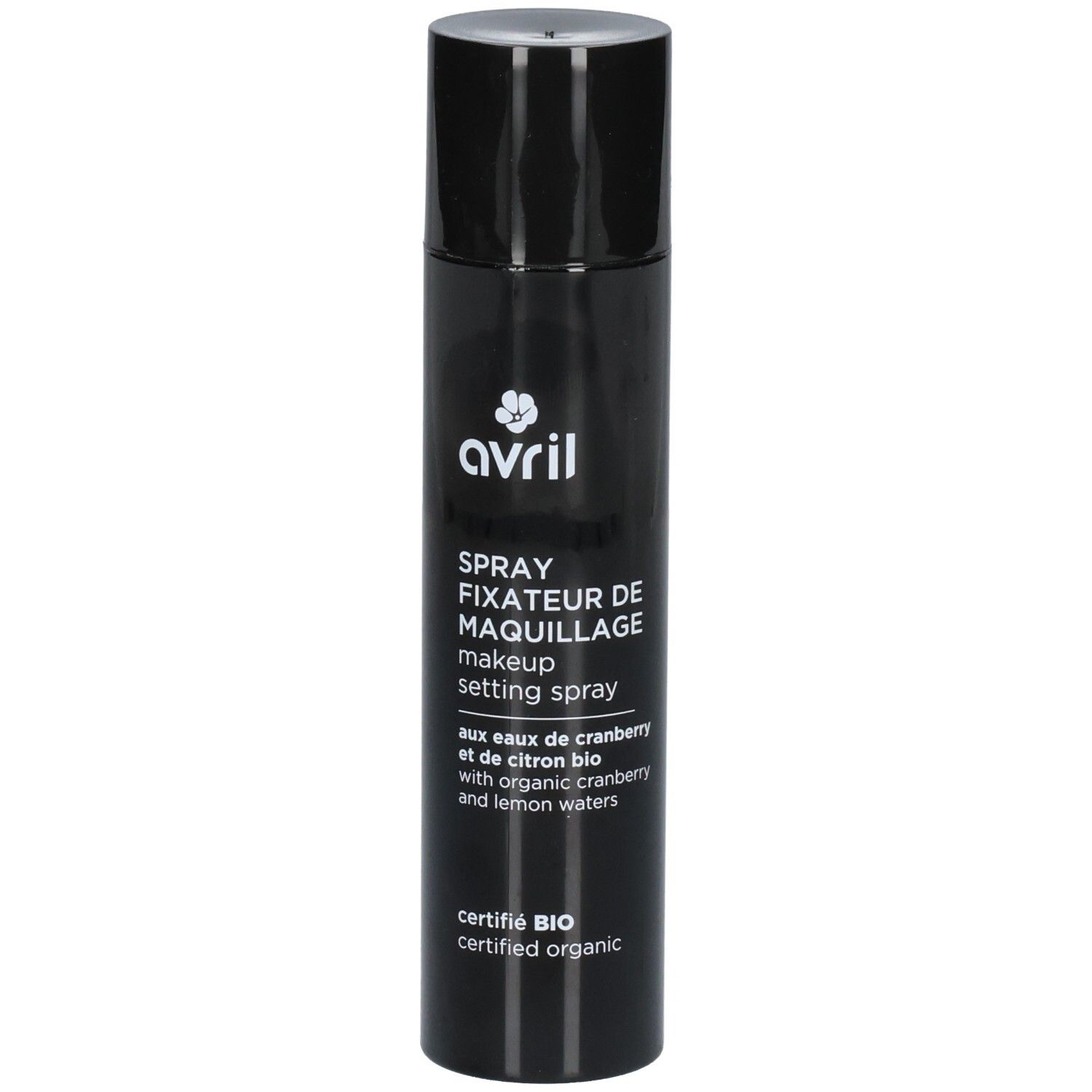 Flacon spray noir avec logo Avril. Spray fixateur de maquillage aux eaux de cranberry et de citron bio.