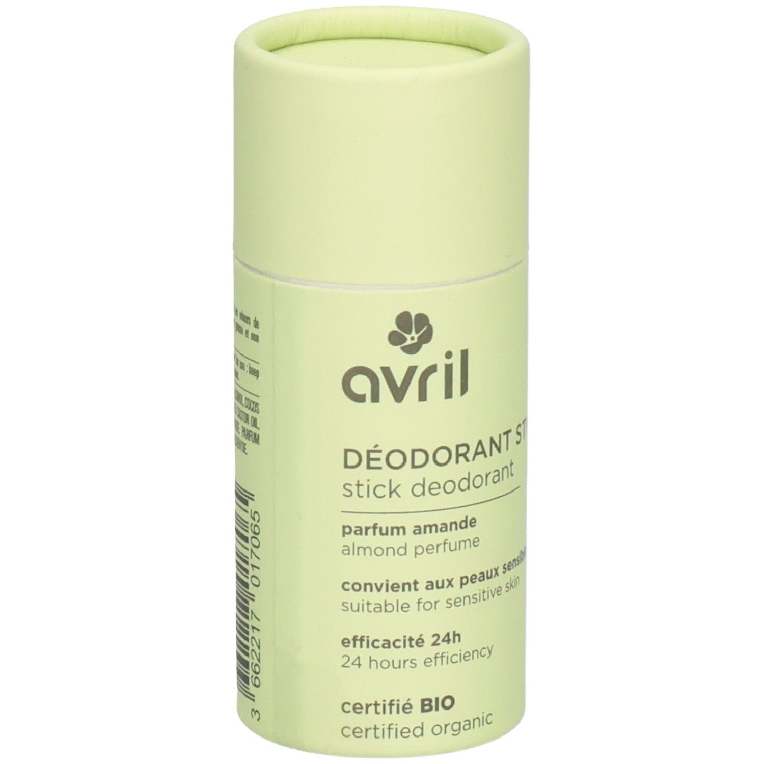 Stick déodorant Avril, emballage cylindrique vert clair. Inscriptions : 'Déodorant Stick', 'parfum amande', 'certifié BIO'.