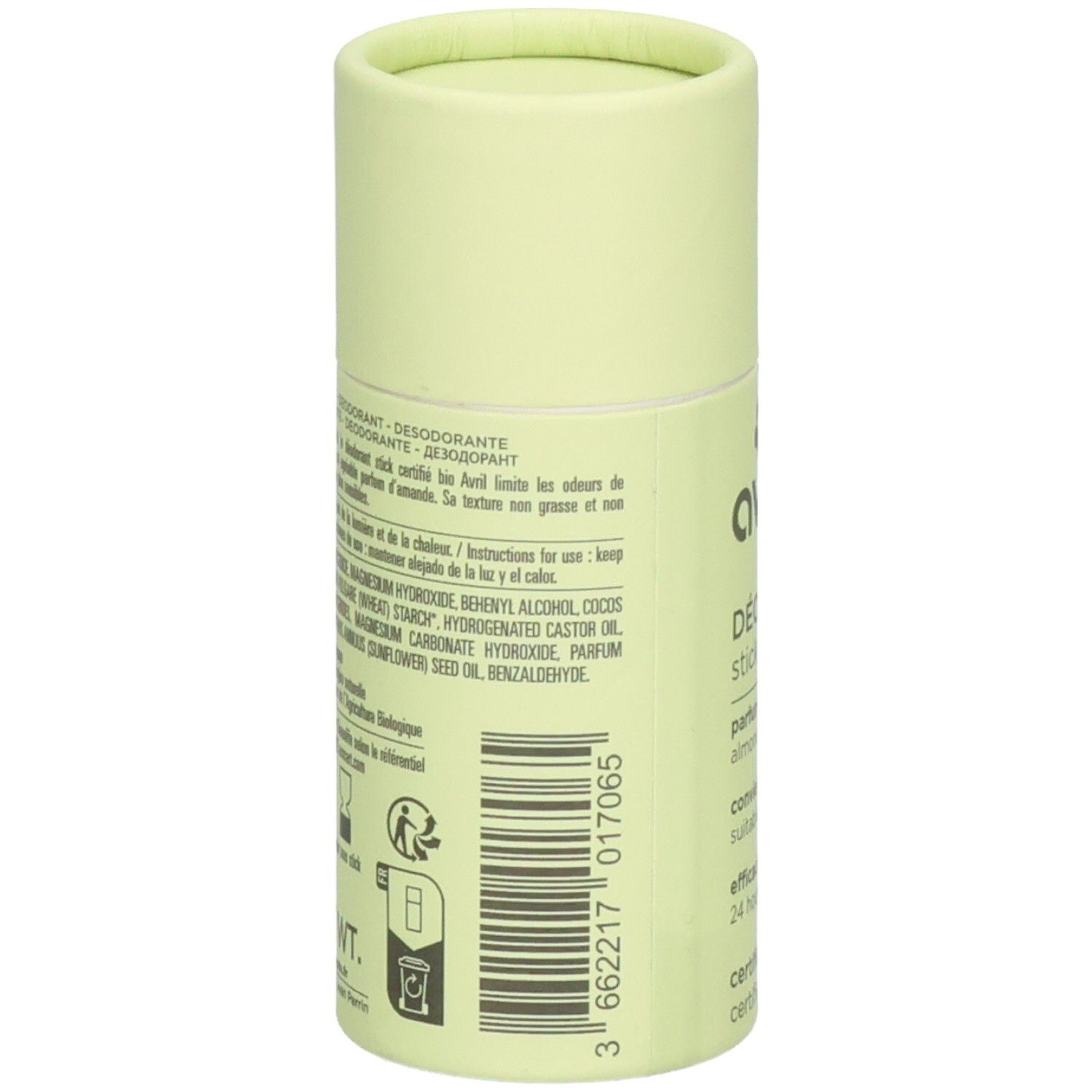 Dos du stick déodorant Avril. Contient ingrédients, mode d'emploi et code-barres. Fond vert clair.