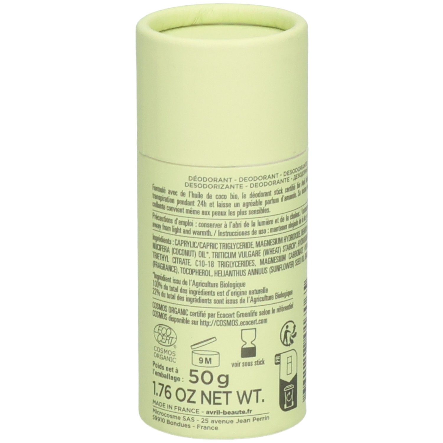 Stick déodorant Avril avec informations ingrédients et certifications. Poids : 50g. Emballage vert clair.