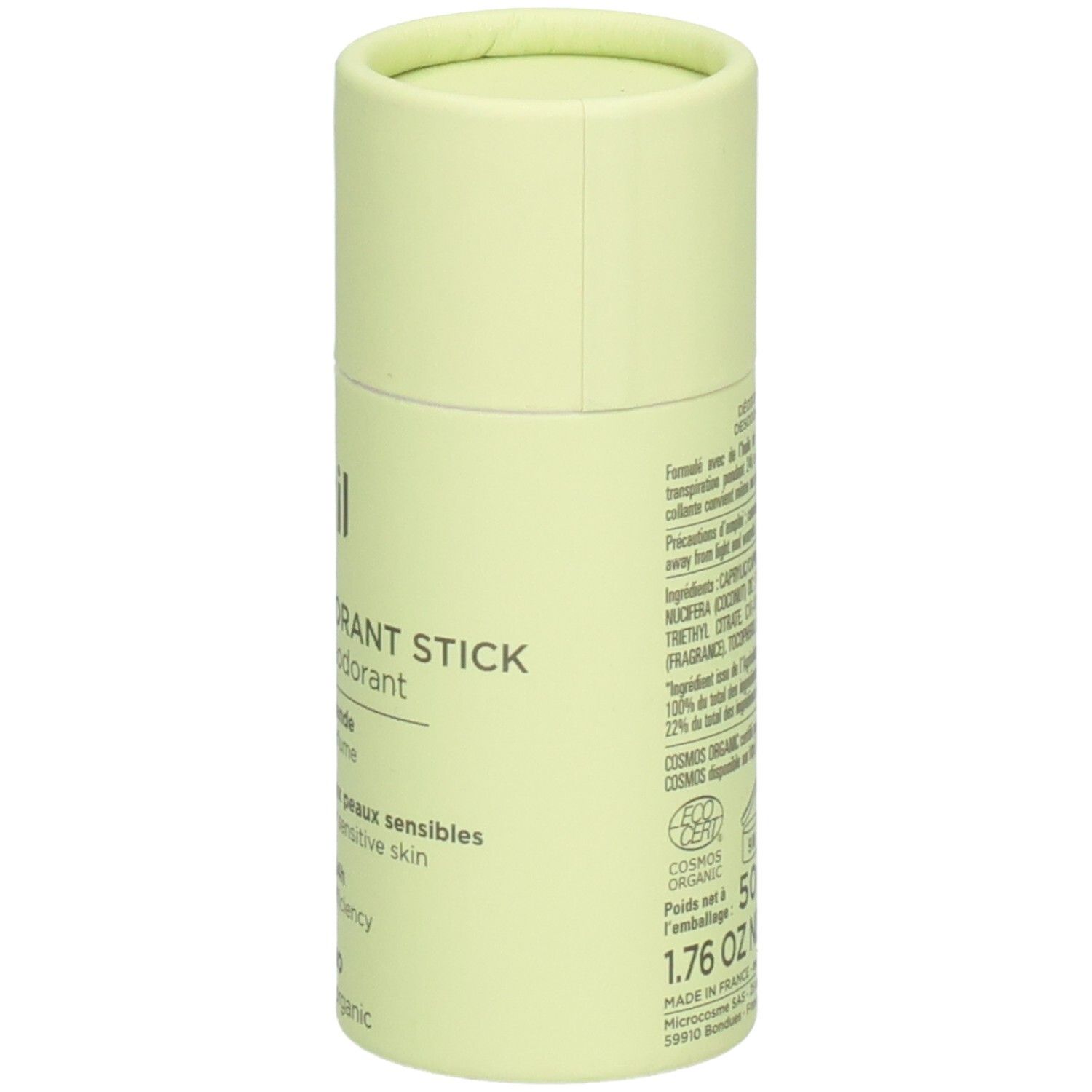 Stick déodorant Avril, dos avec ingrédients et certifications. Fond vert clair.