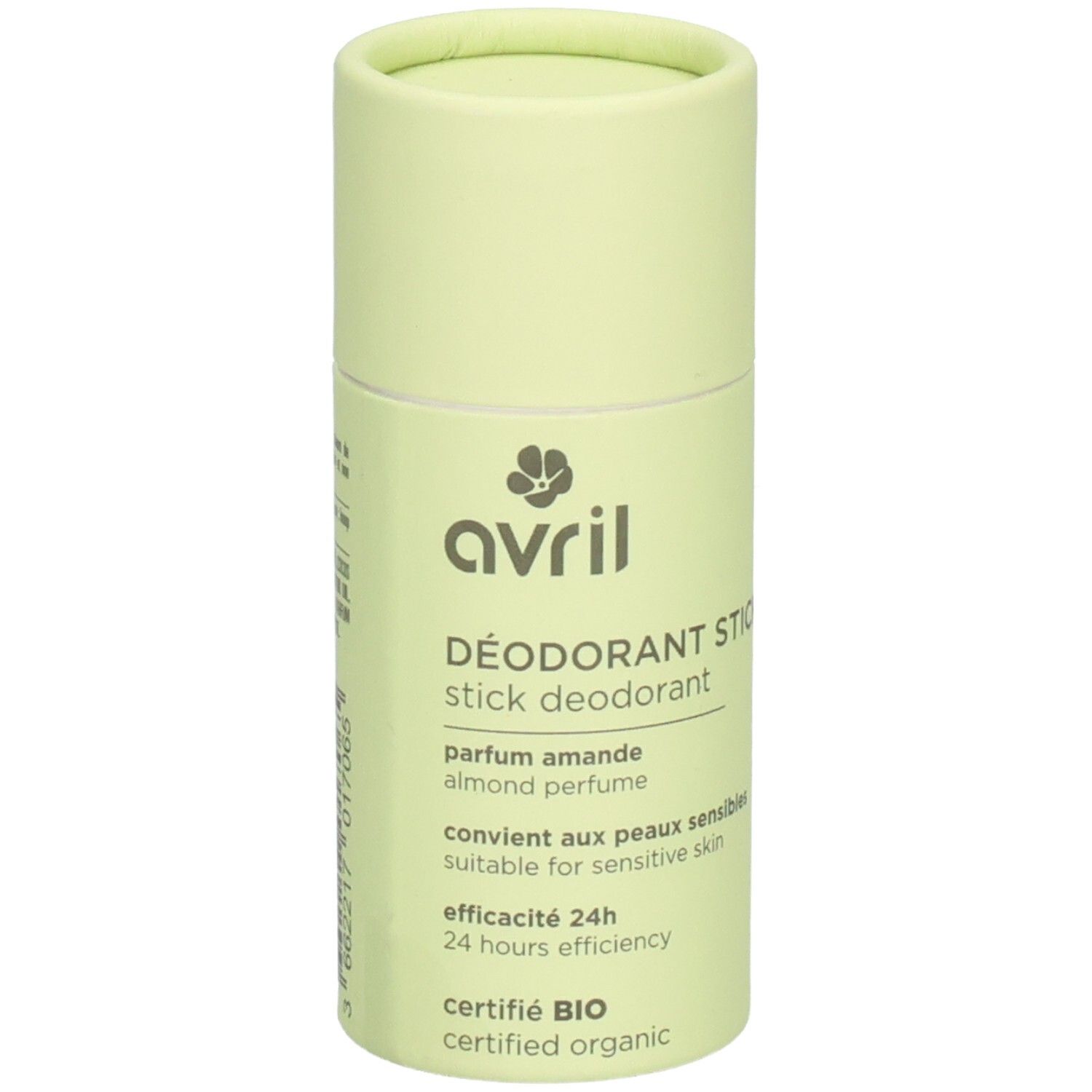 Stick déodorant Avril, emballage vert clair. Nom du produit et certification visibles. Texte : 'Déodorant Stick', 'parfum amande'.