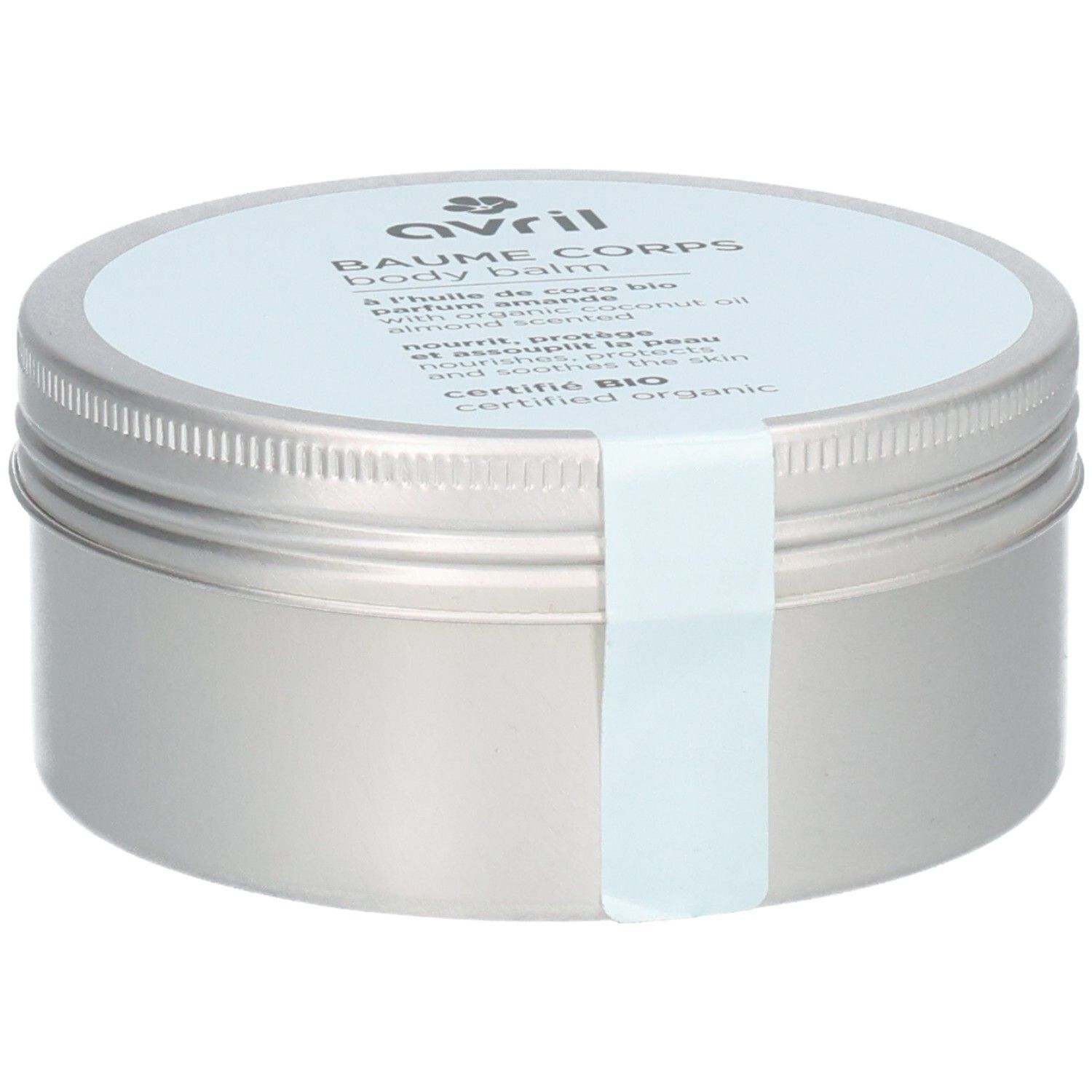 Pot rond argenté avec couvercle bleu clair. Inscription: Avril, Baume Corps, Body Balm. Certifié Bio.