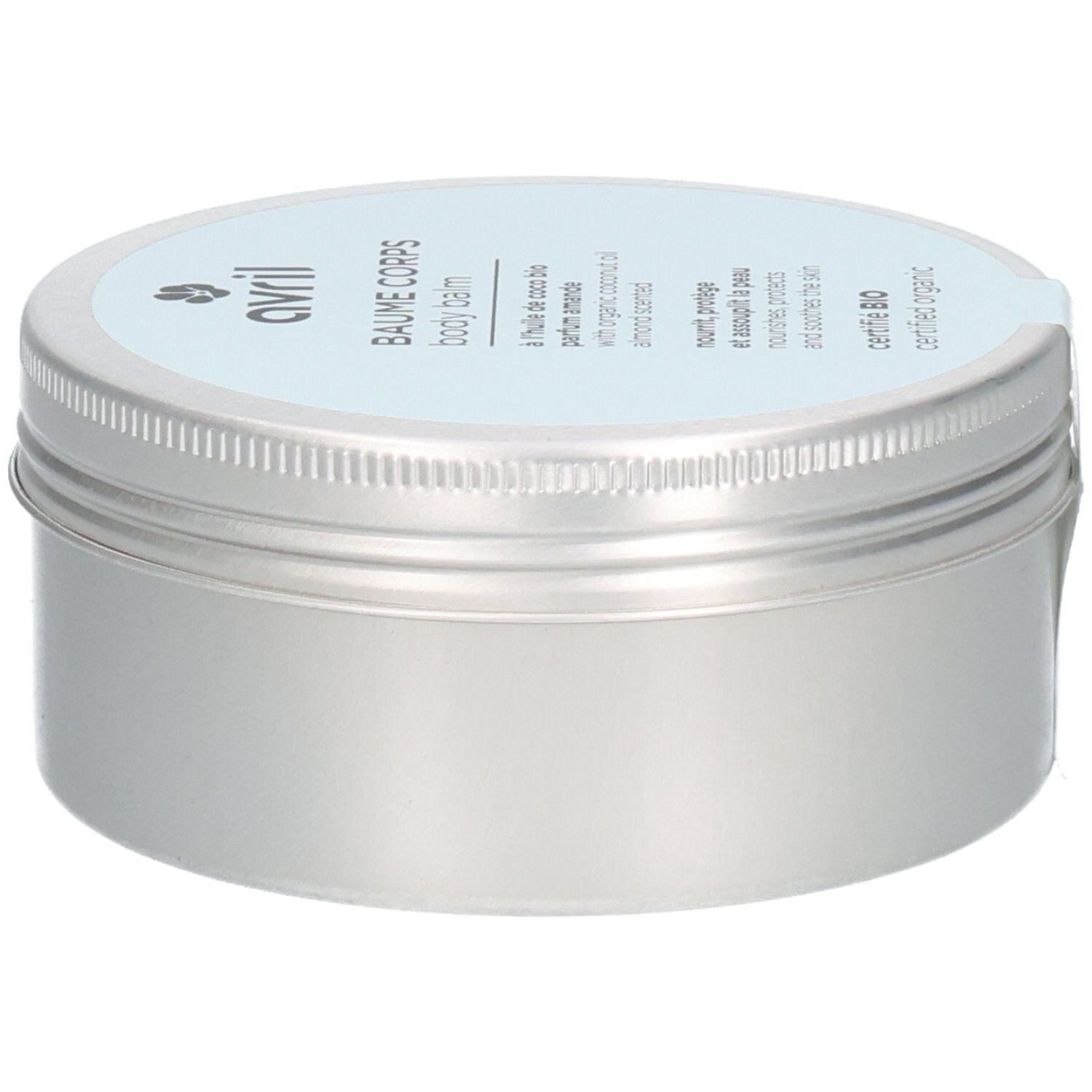 Pot argenté avec couvercle bleu clair. Inscription: Avril, Baume Corps, Body Balm. Certifié Bio. Un autocollant bleu clair.